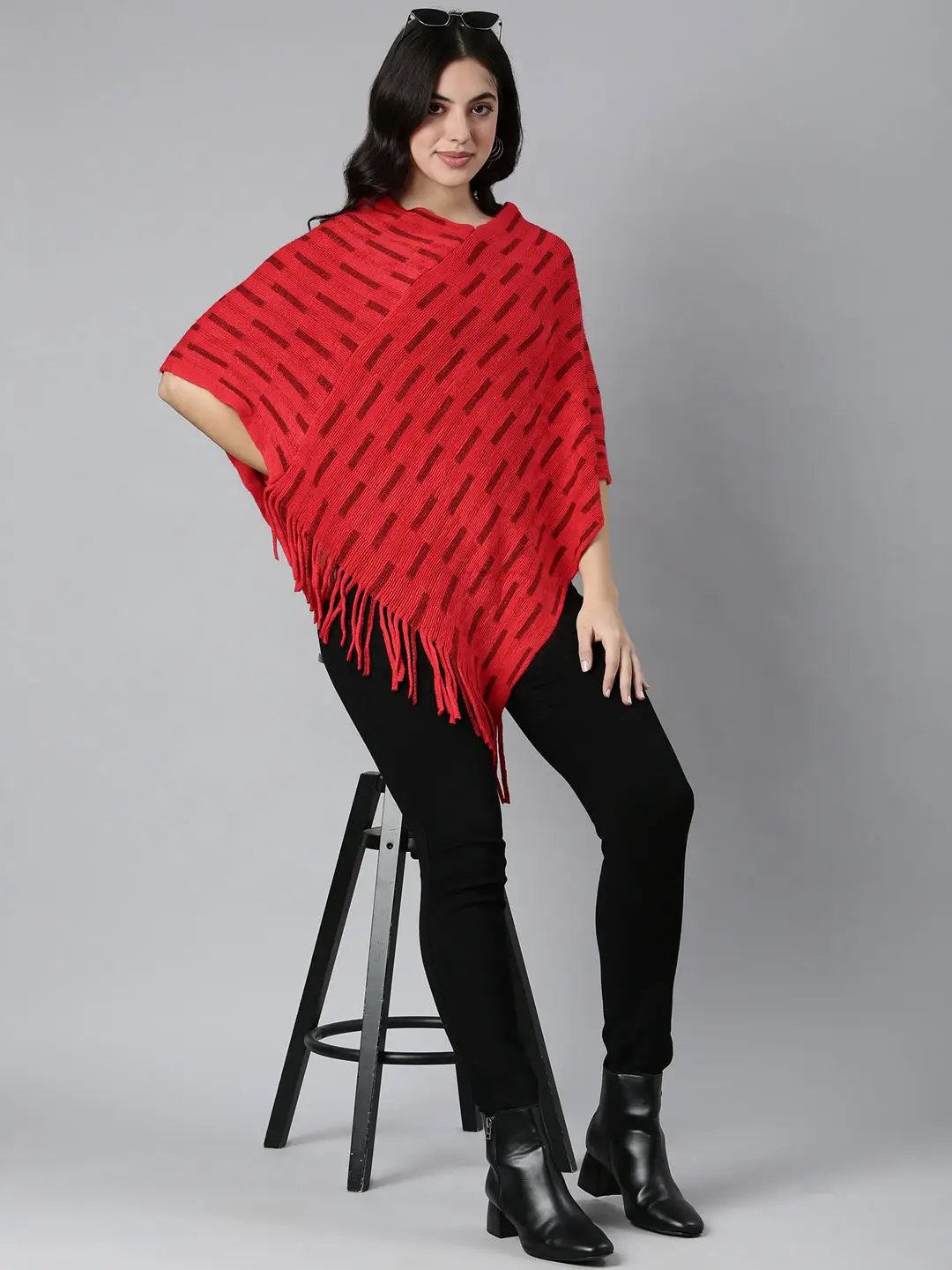 Women's Striped Red Poncho