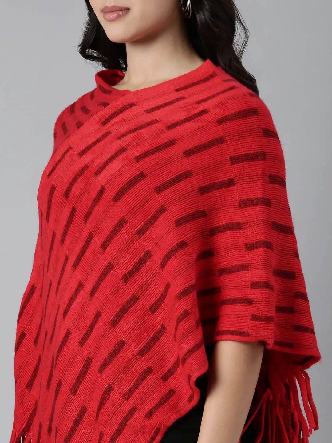 Women's Striped Red Poncho