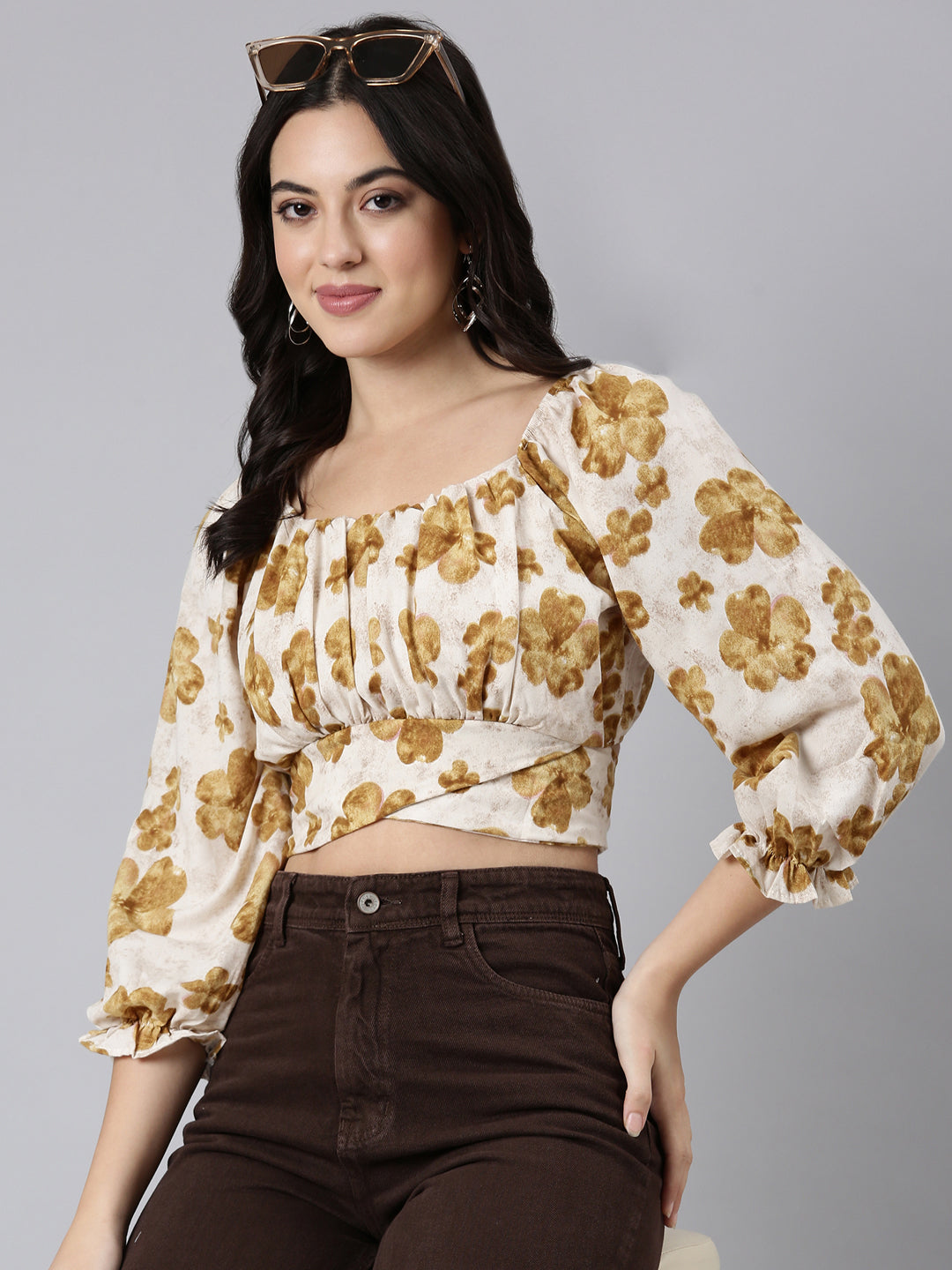 Women Floral Blouson Beige Crop Top