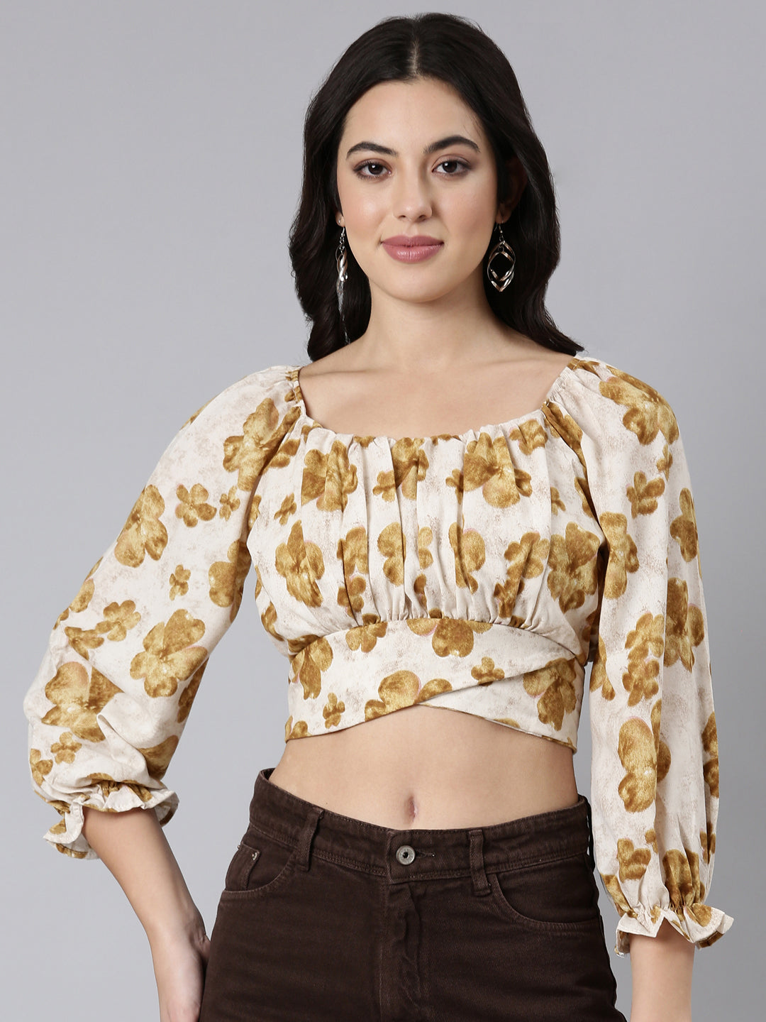 Women Floral Blouson Beige Crop Top