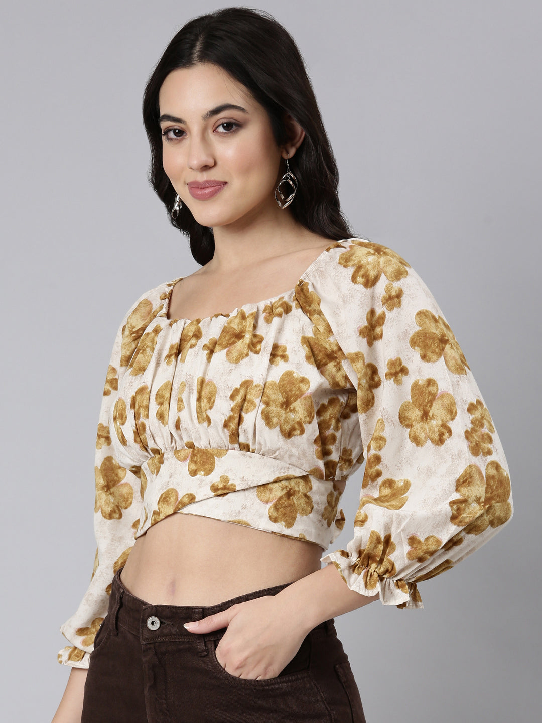 Women Floral Blouson Beige Crop Top