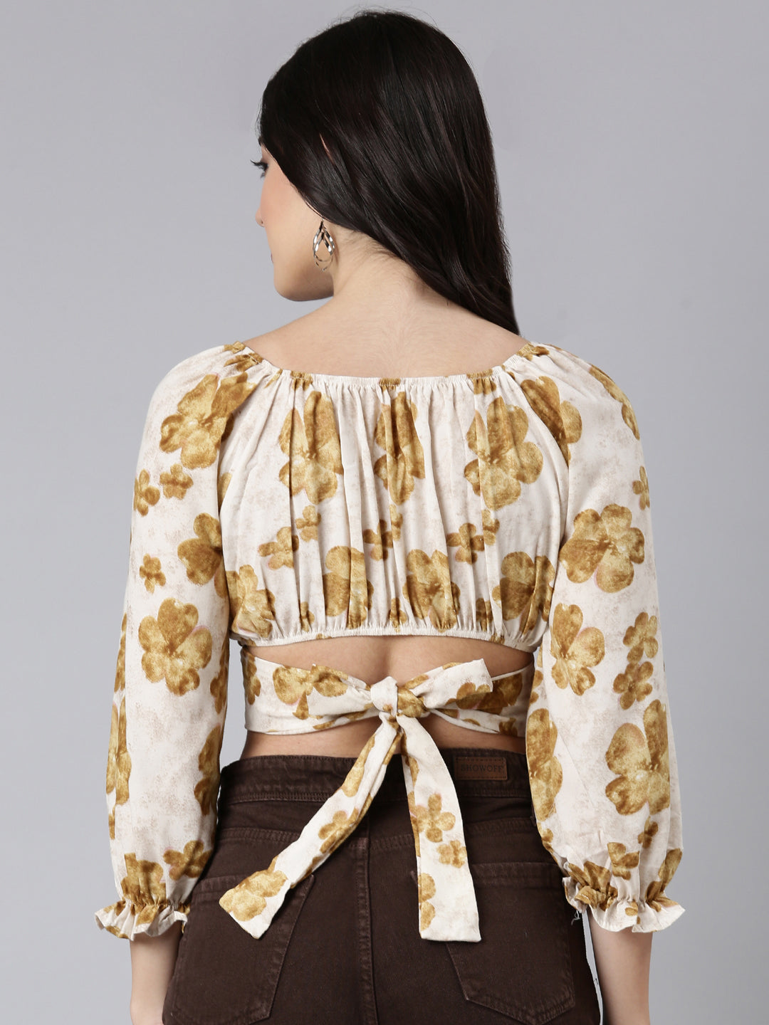 Women Floral Blouson Beige Crop Top