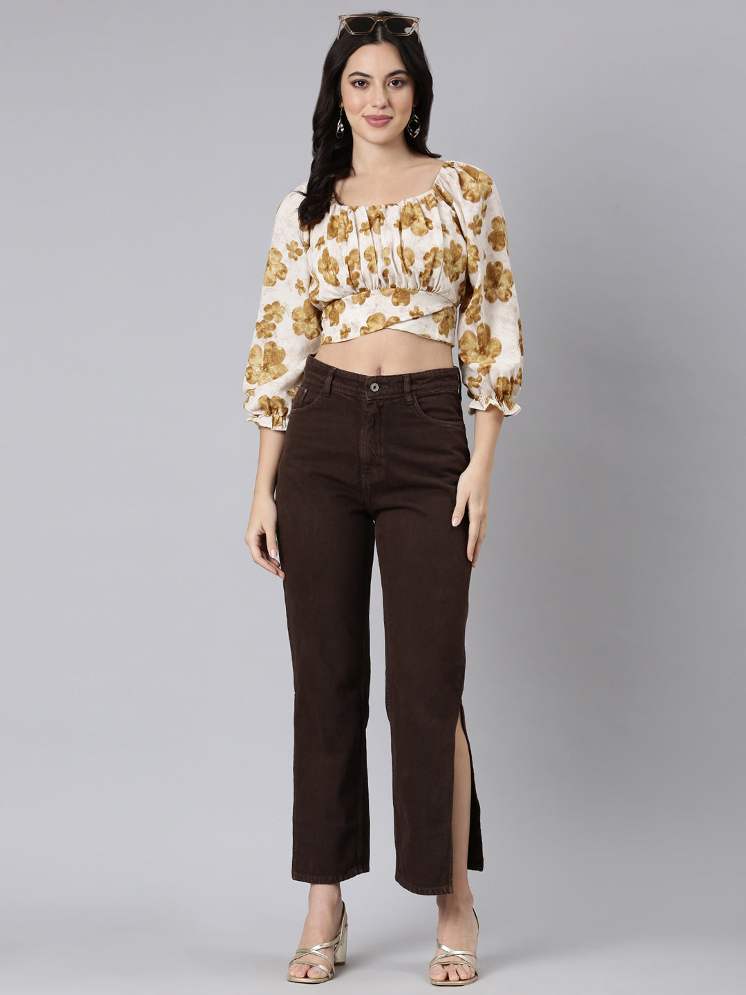 Women Floral Blouson Beige Crop Top