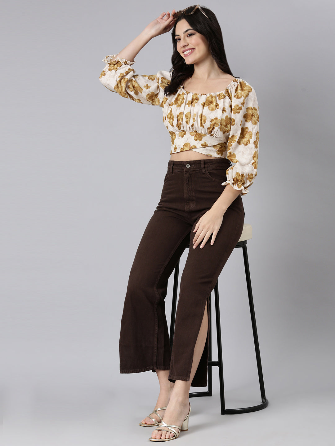 Women Floral Blouson Beige Crop Top