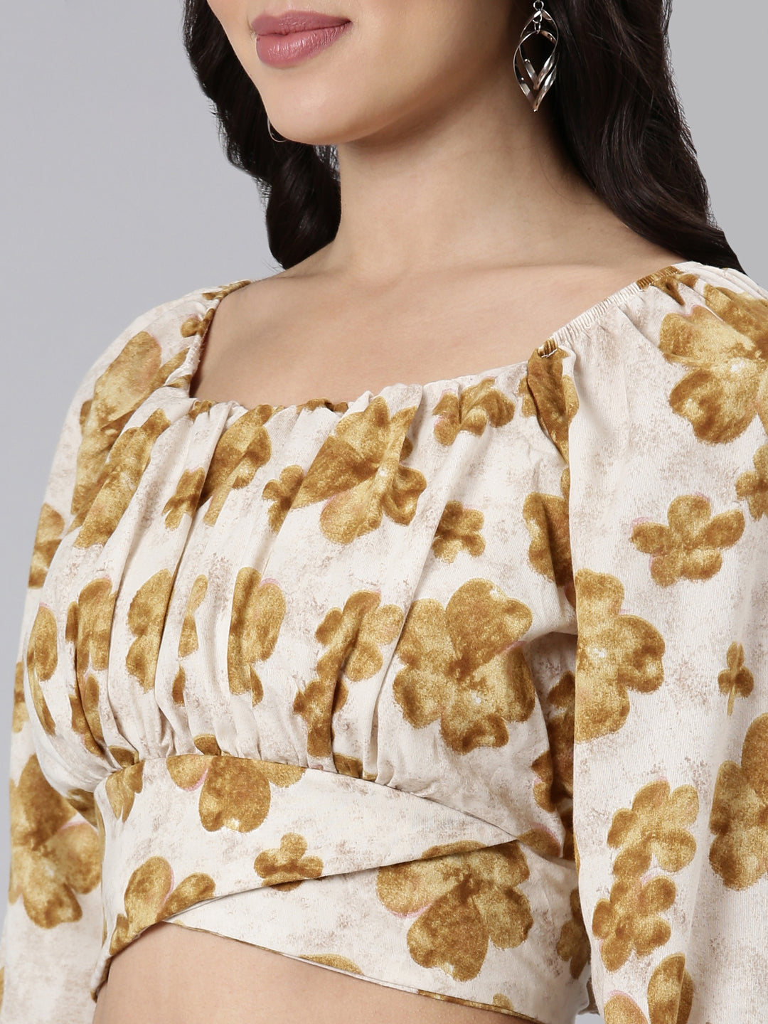 Women Floral Blouson Beige Crop Top