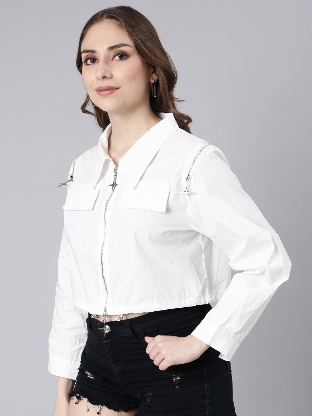 Women Cotton Solid White Crop Tailored Jacket