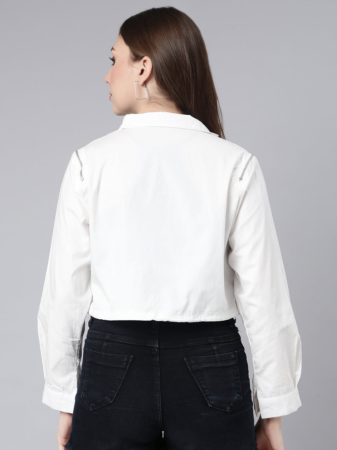 Women Cotton Solid White Crop Tailored Jacket