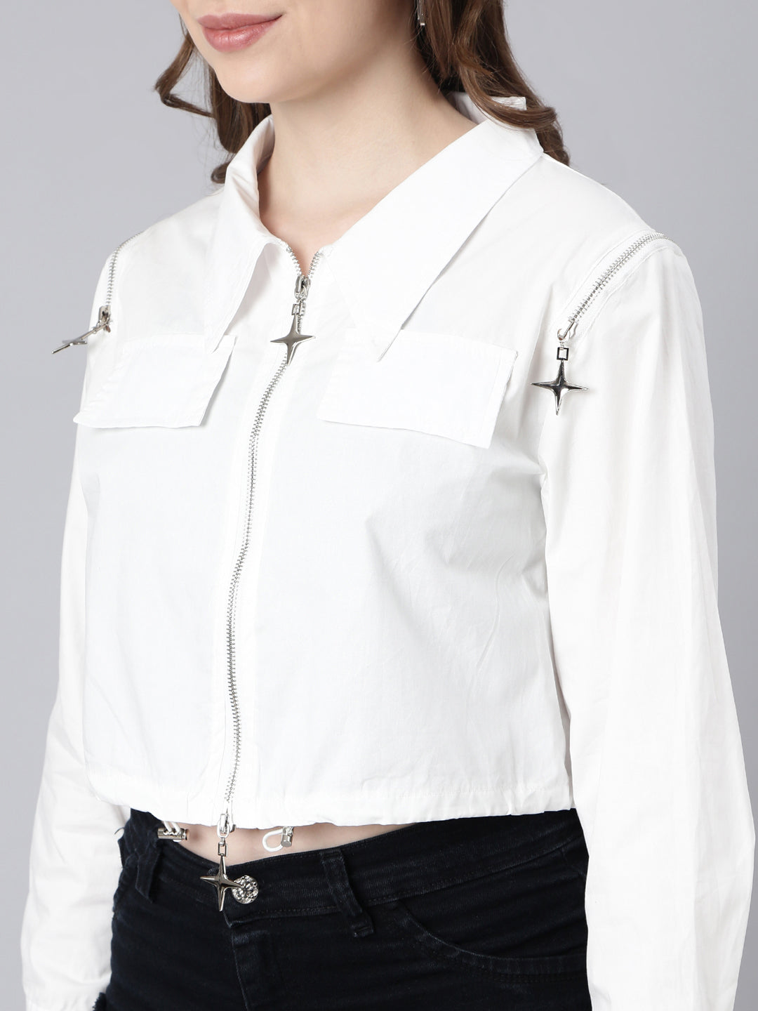 Women Cotton Solid White Crop Tailored Jacket