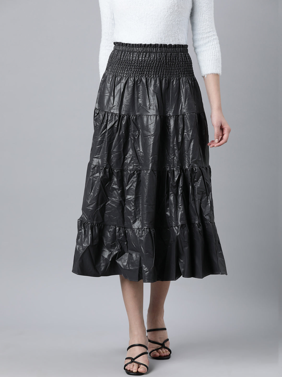 Women Solid Grey Tiered Midi Skirt