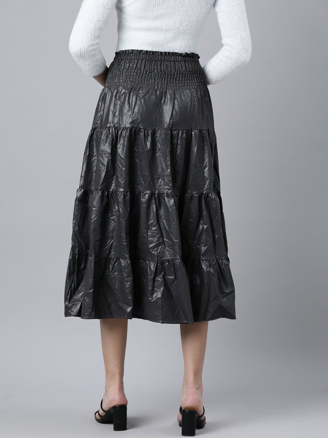 Women Solid Grey Tiered Midi Skirt