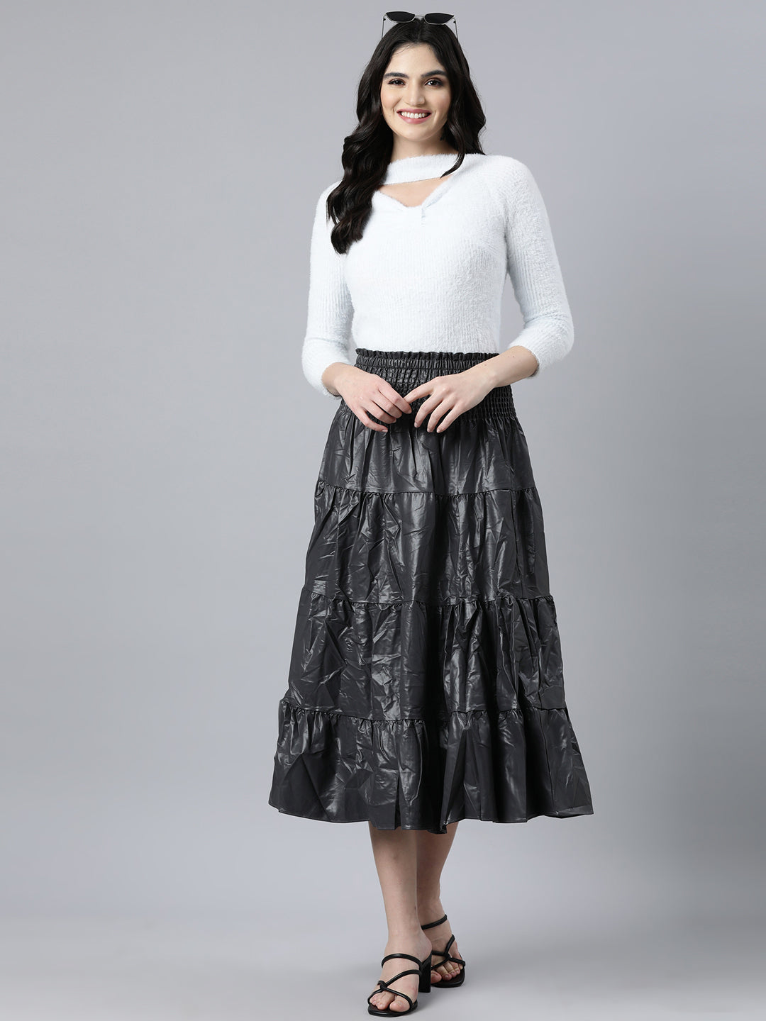 Women Solid Grey Tiered Midi Skirt