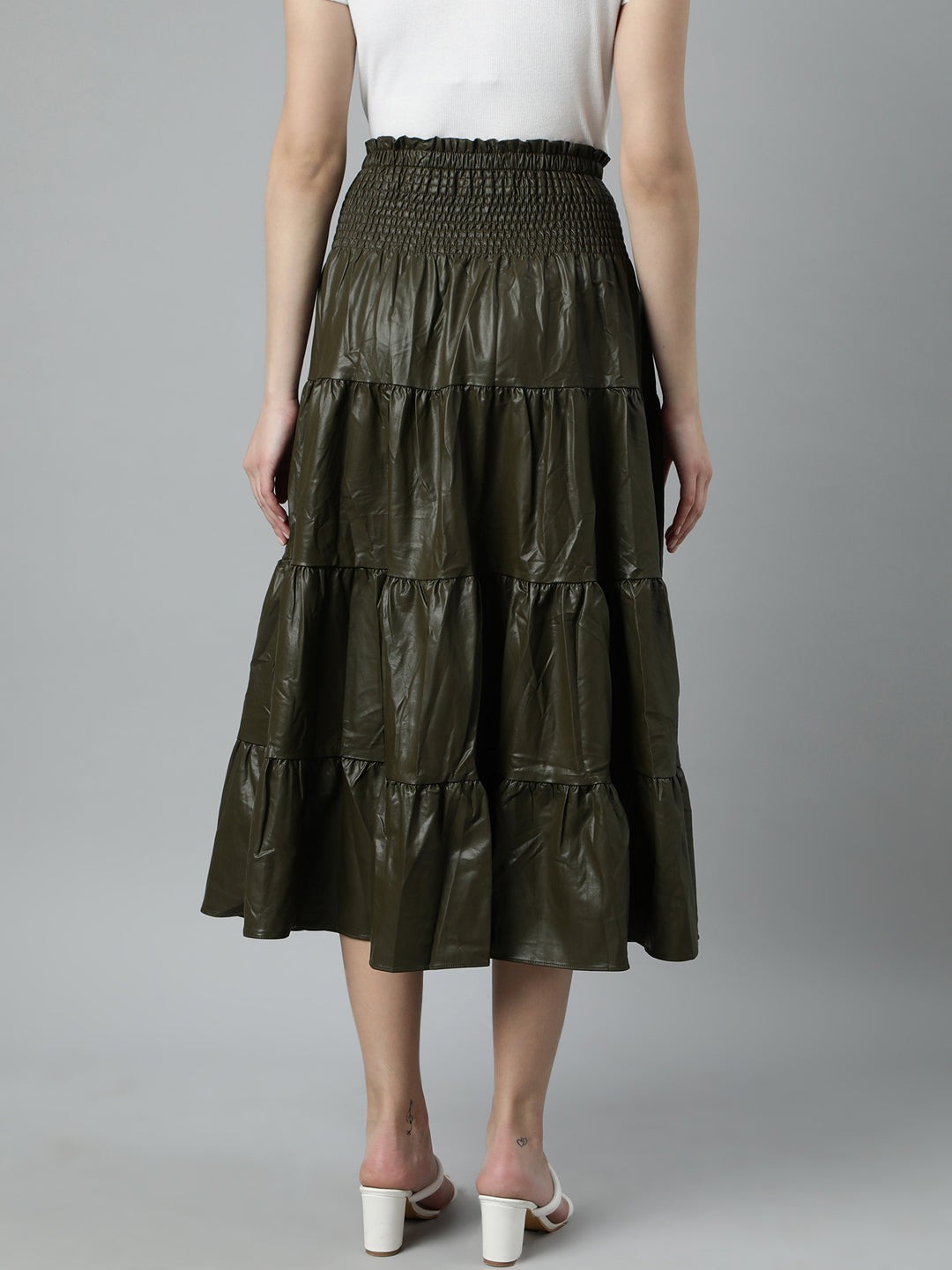 Women Solid Olive Tiered Midi Skirt