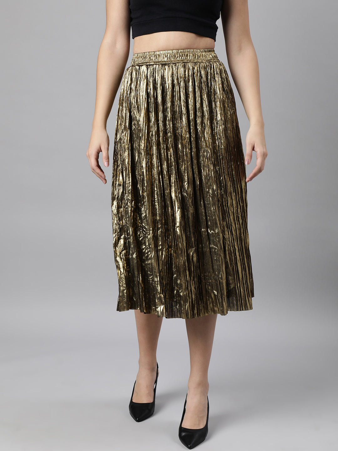 Women Solid Flared Gold Midi Skirt