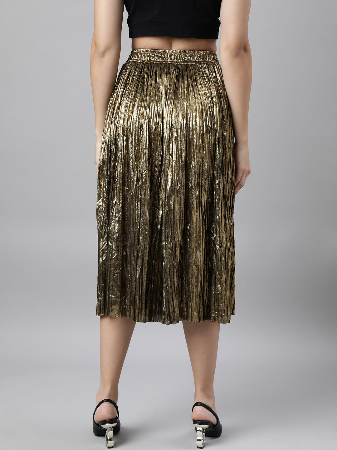 Women Solid Flared Gold Midi Skirt