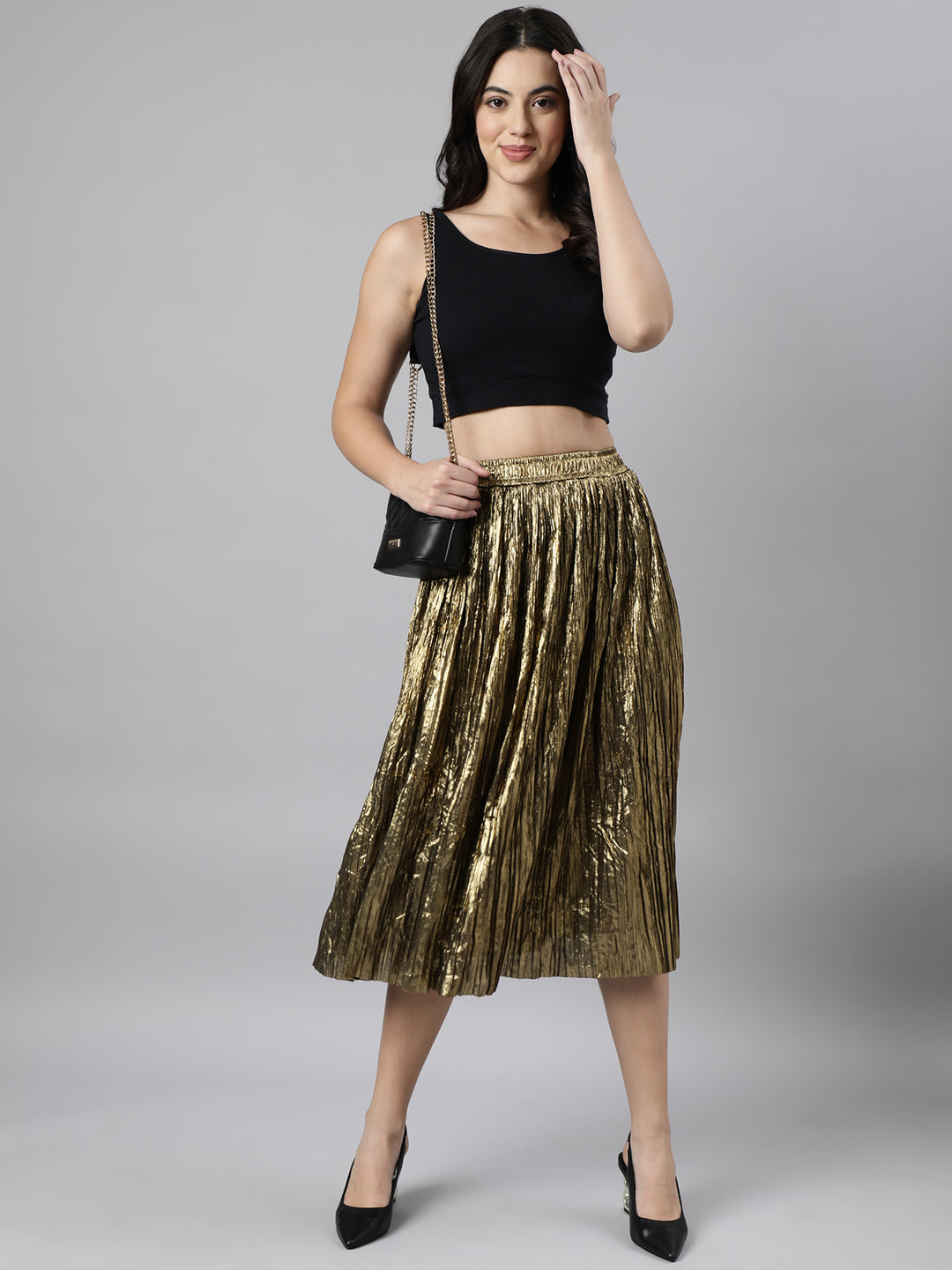 Women Solid Flared Gold Midi Skirt