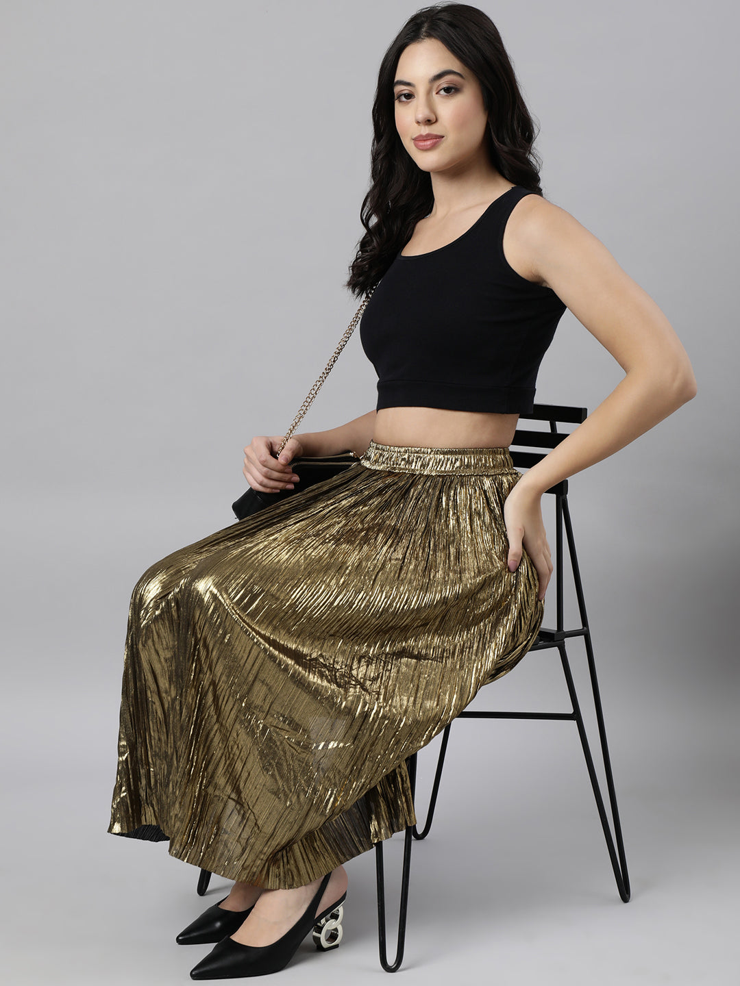 Women Solid Flared Gold Midi Skirt