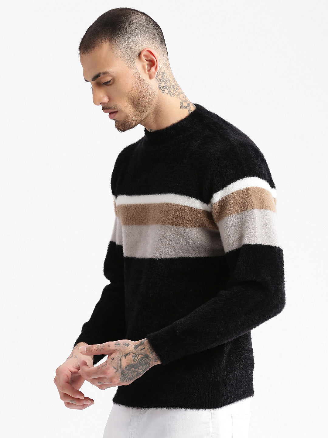 Men's Round Neck Striped Black Pullover