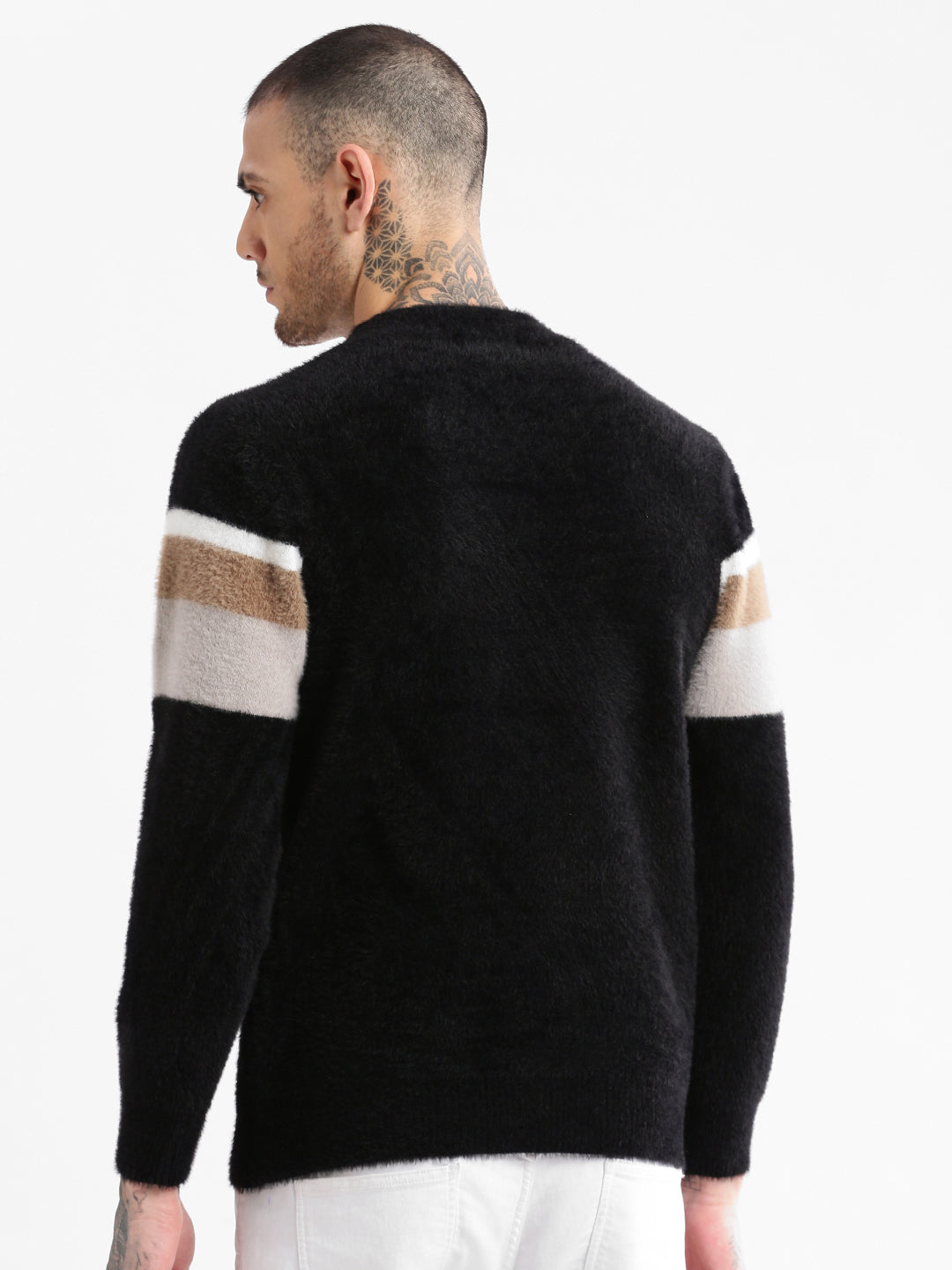 Men's Round Neck Striped Black Pullover