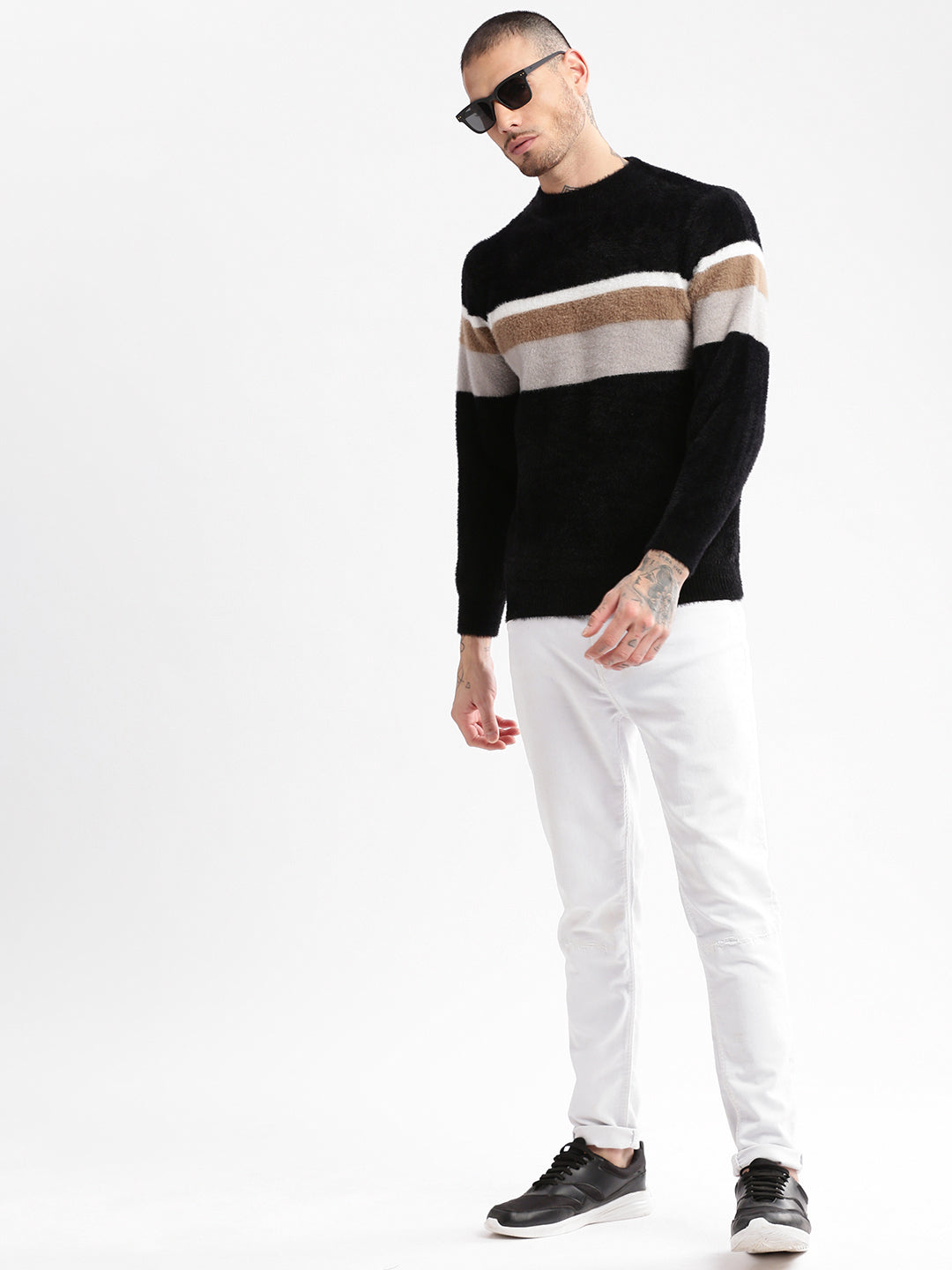 Men's Round Neck Striped Black Pullover