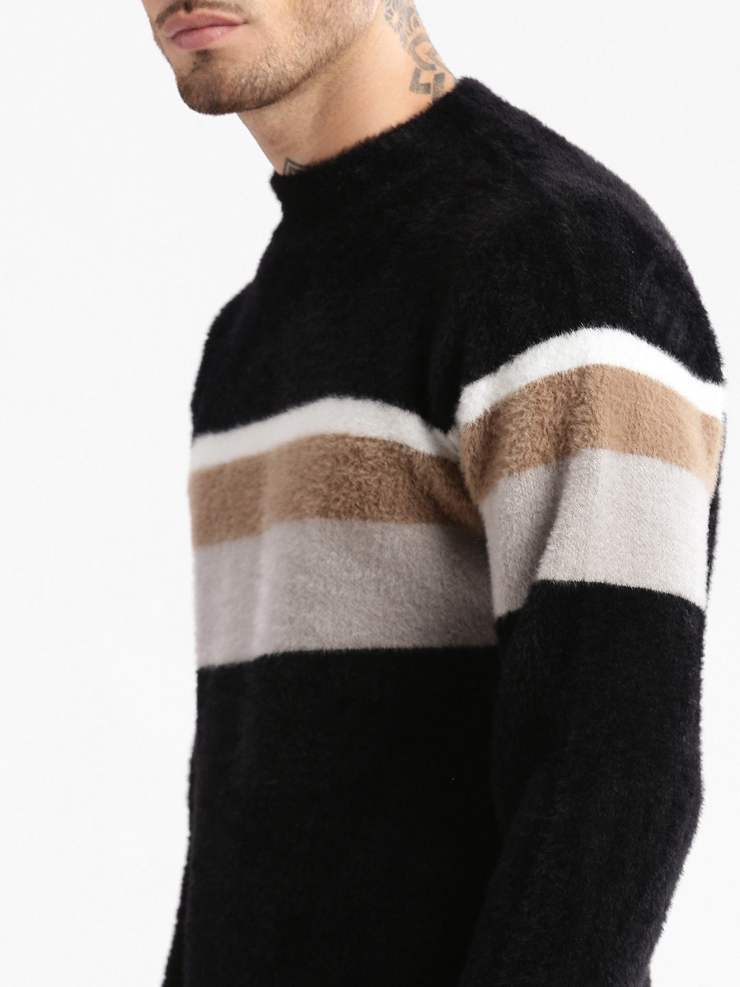 Men's Round Neck Striped Black Pullover
