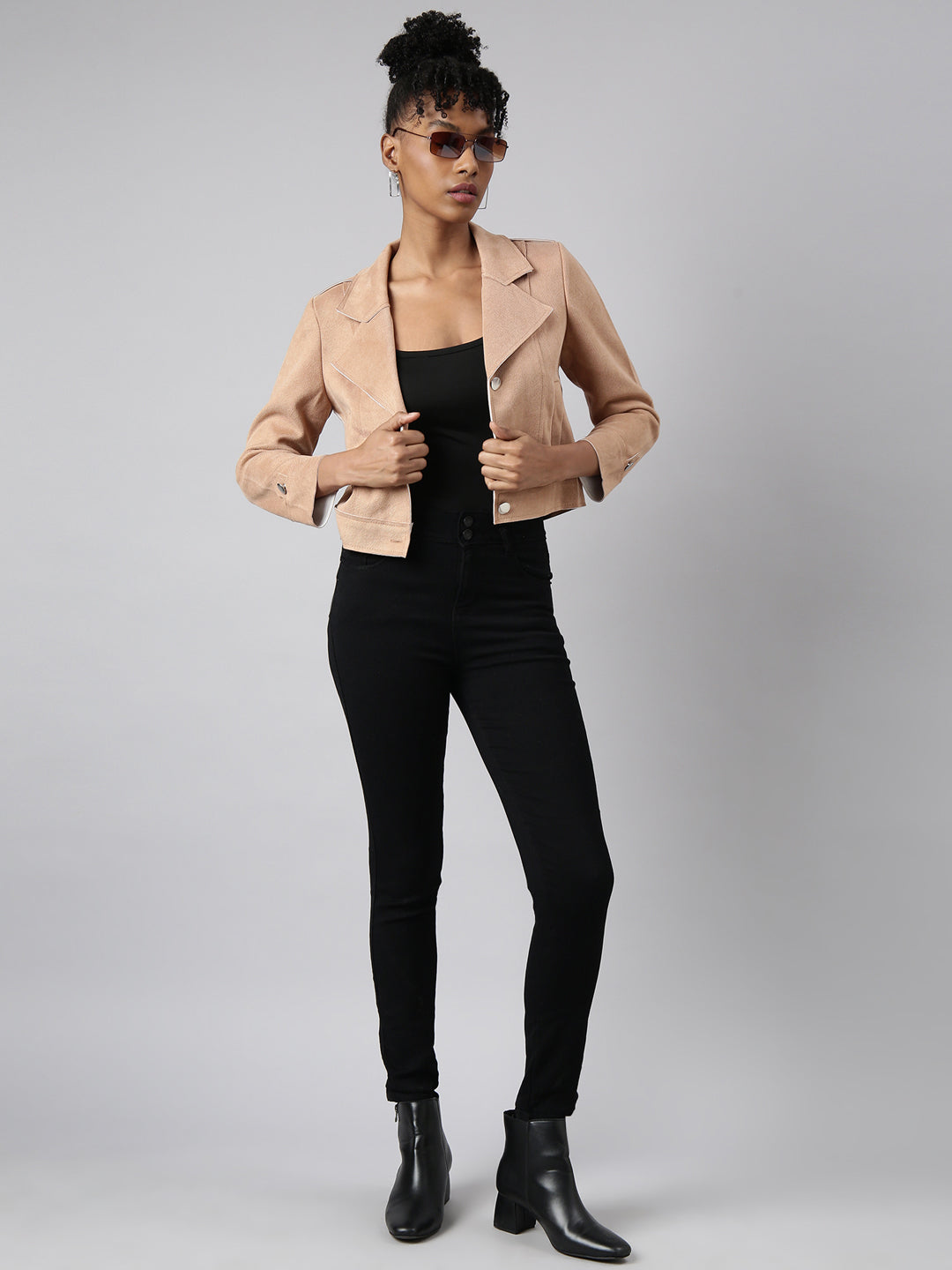 Women Solid Crop Beige Tailored Jacket