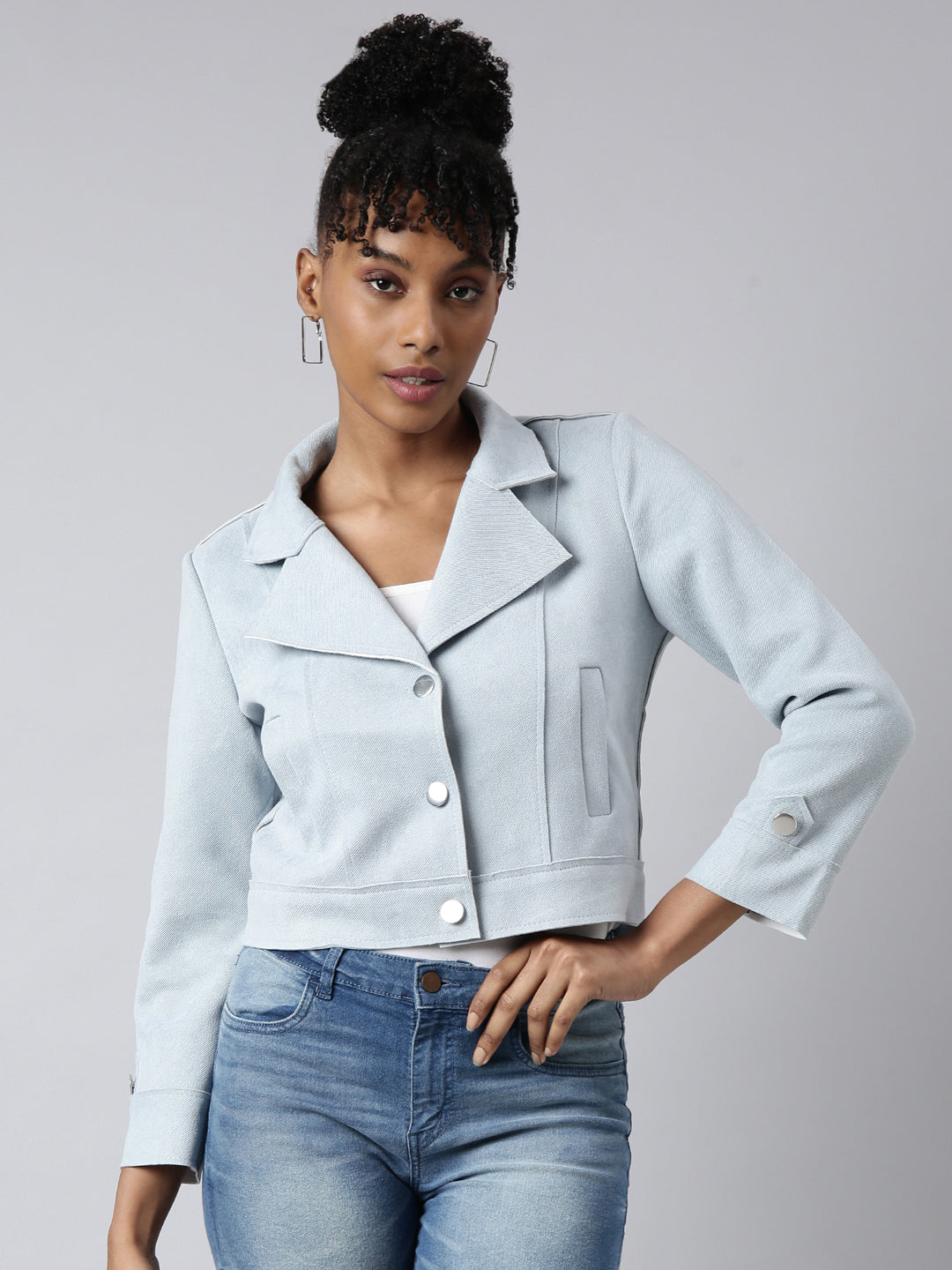 Women Solid Crop Blue Tailored Jacket