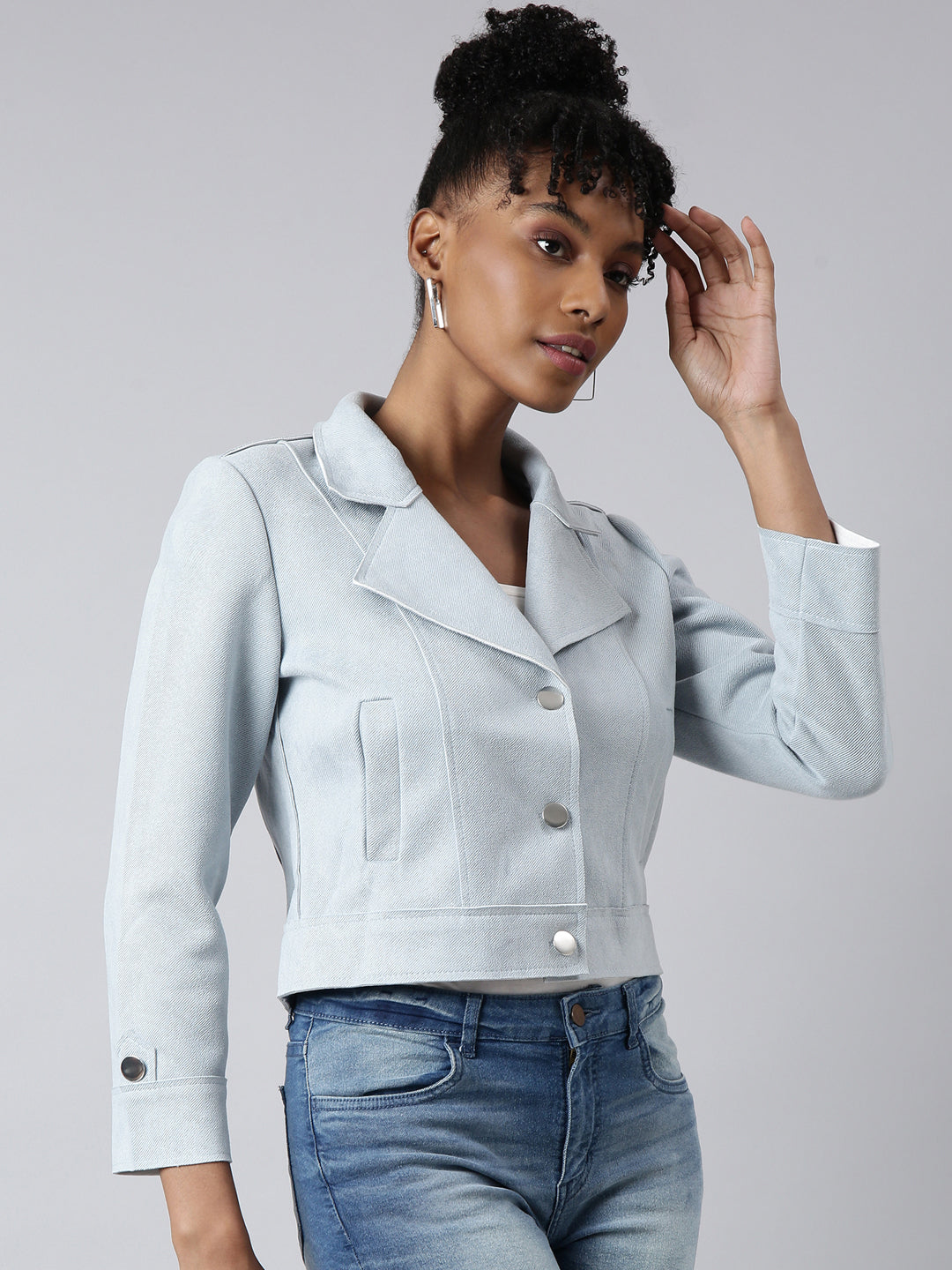 Women Solid Crop Blue Tailored Jacket