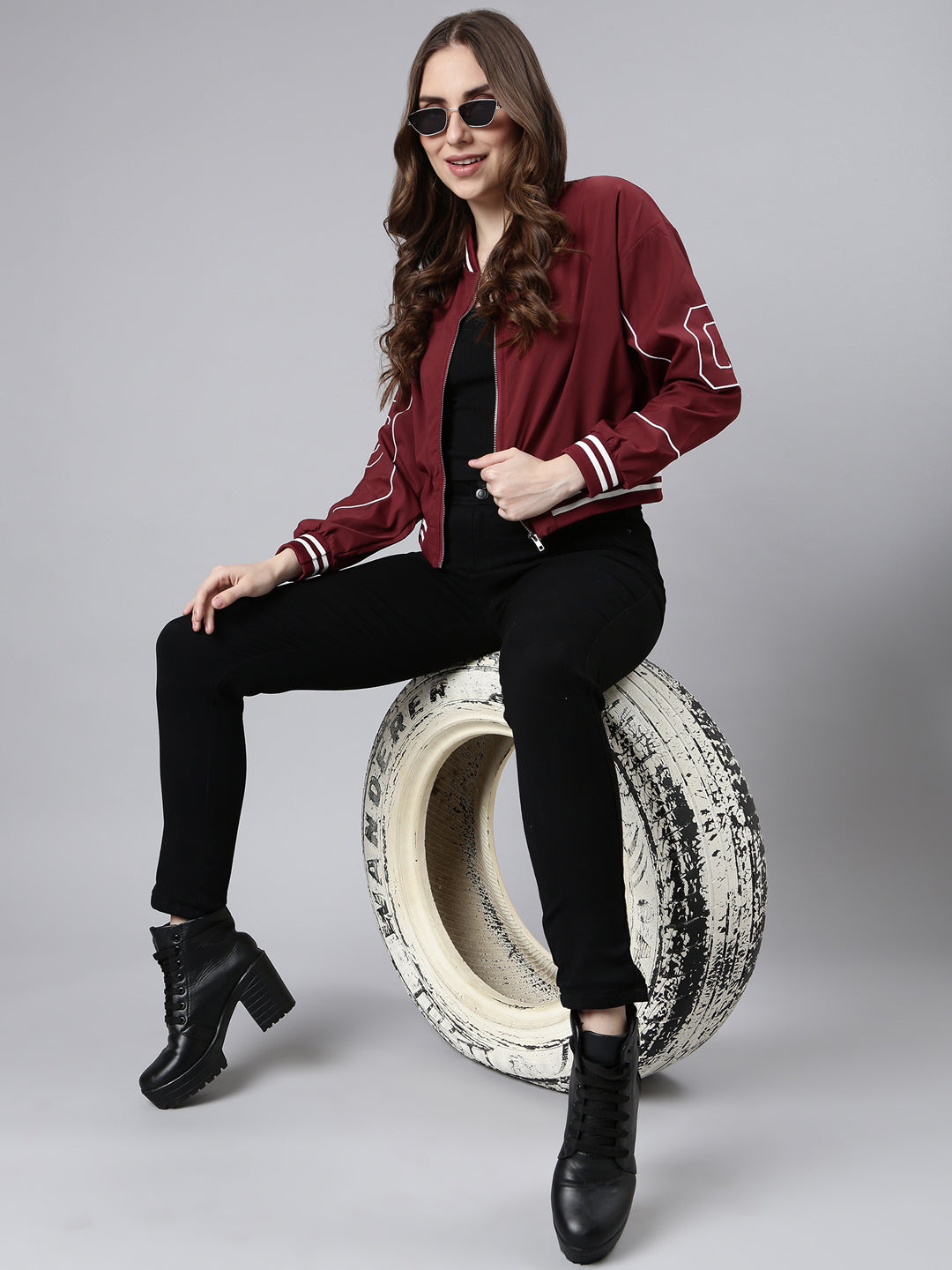 Women Solid Maroon Crop Drop Shoulder Bomber Jacket