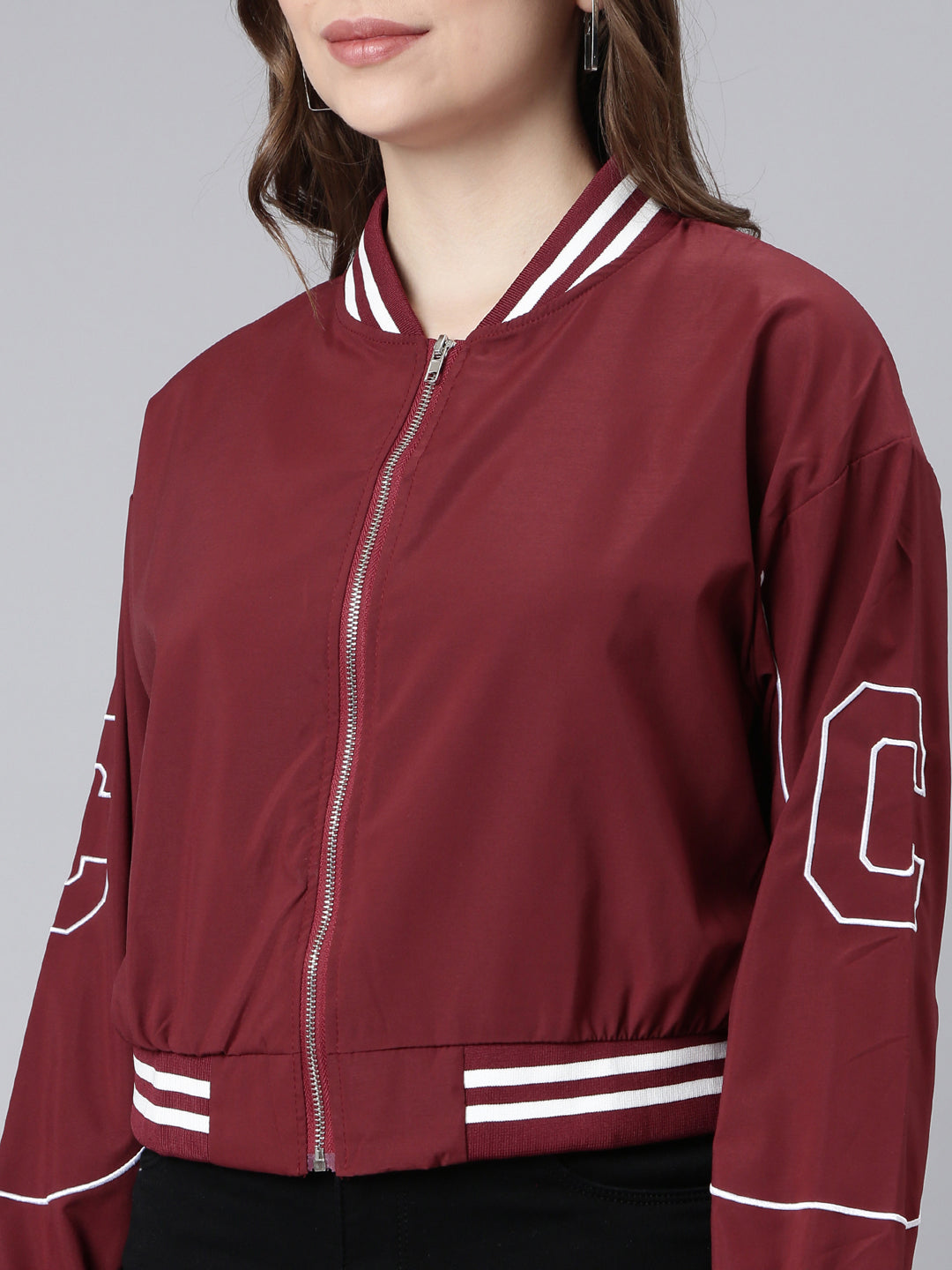 Women Solid Maroon Crop Drop Shoulder Bomber Jacket