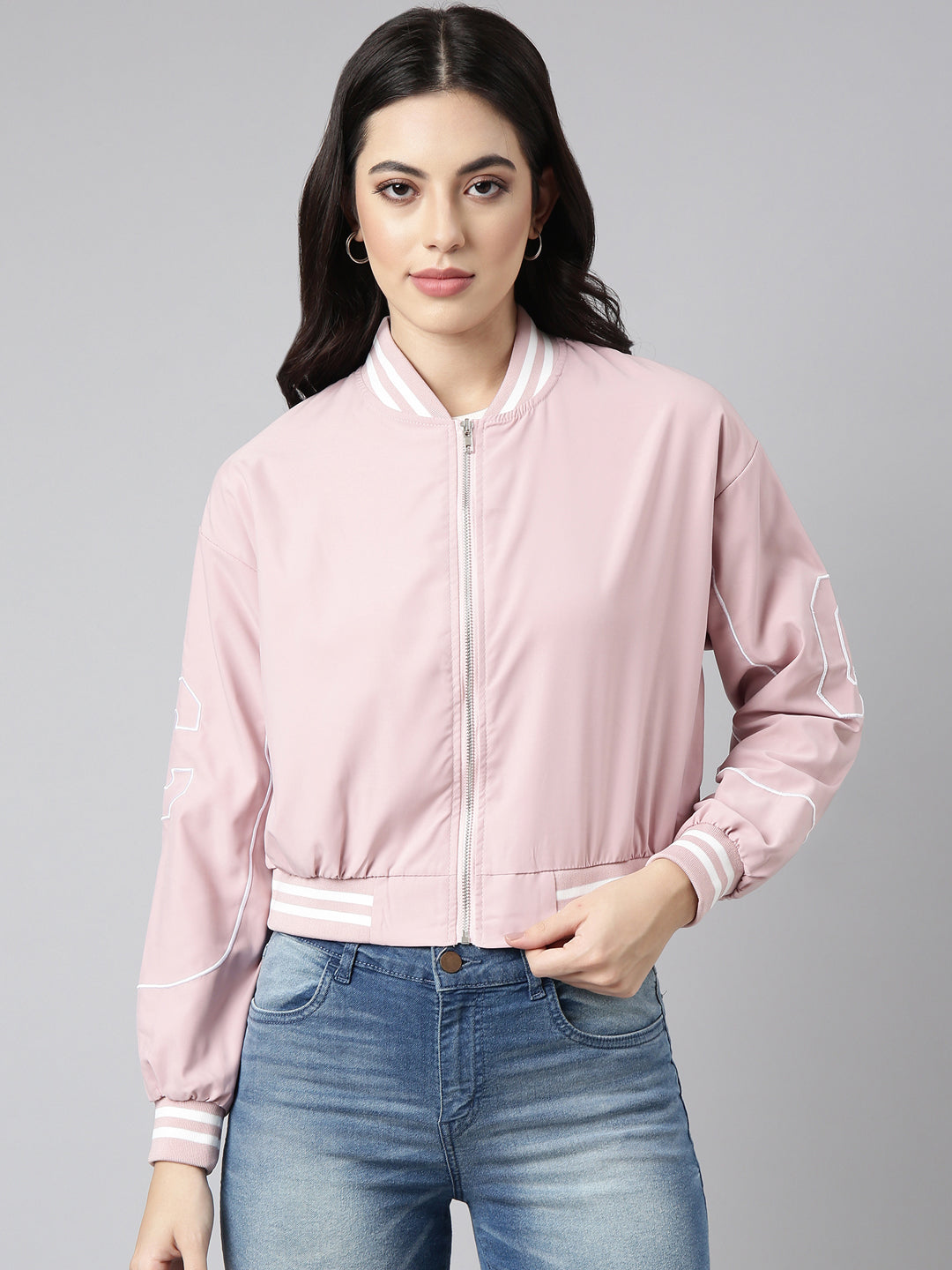 Women's Solid Peach Crop Drop Shoulder Bomber Jacket