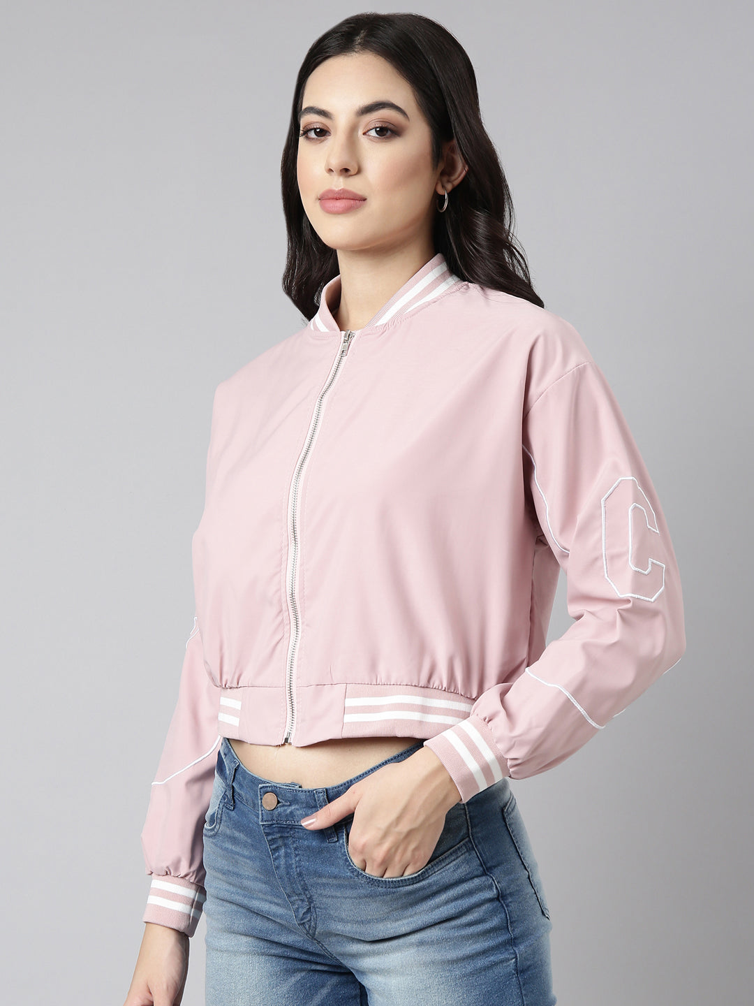 Women's Solid Peach Crop Drop Shoulder Bomber Jacket