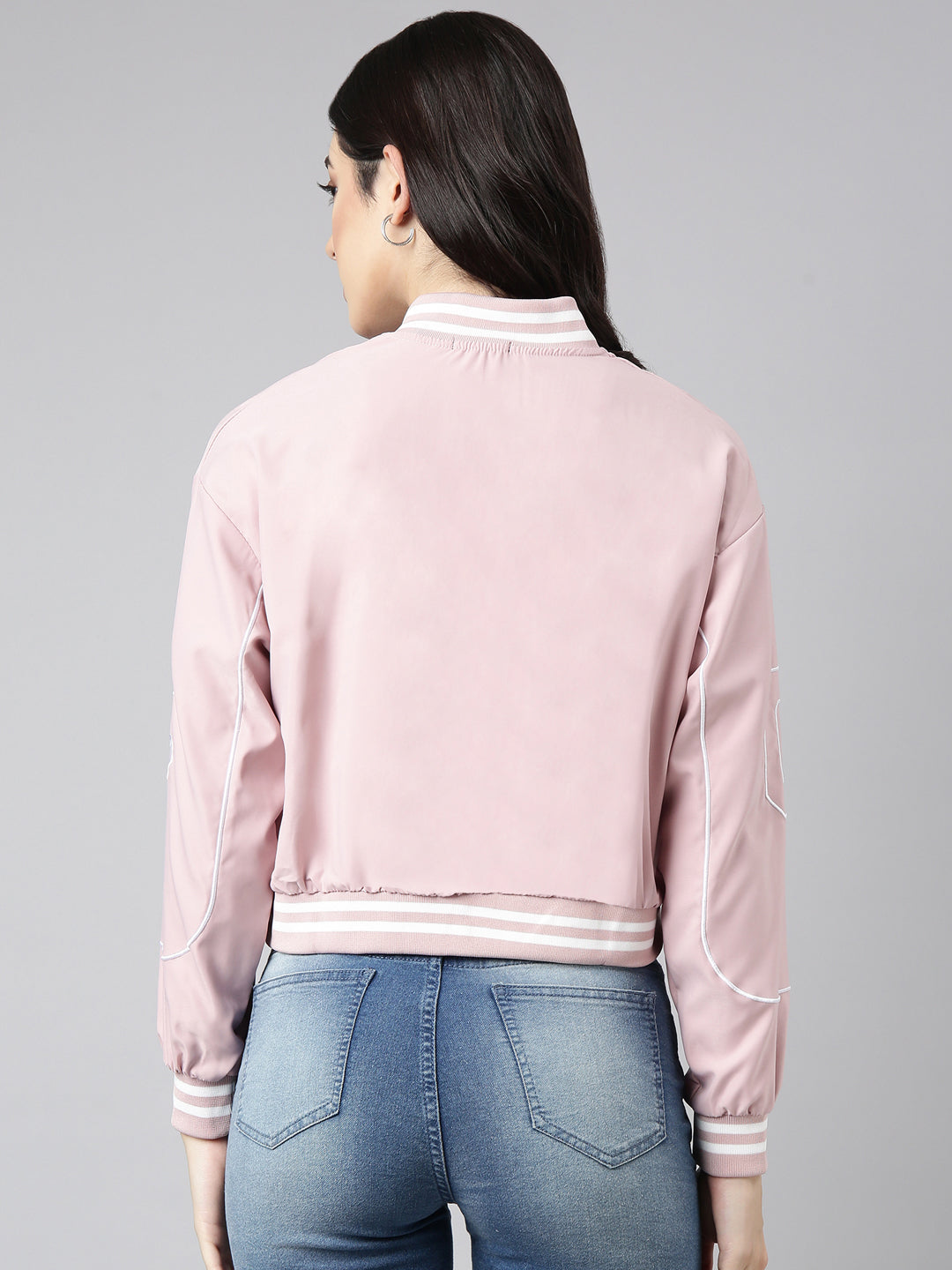Women's Solid Peach Crop Drop Shoulder Bomber Jacket