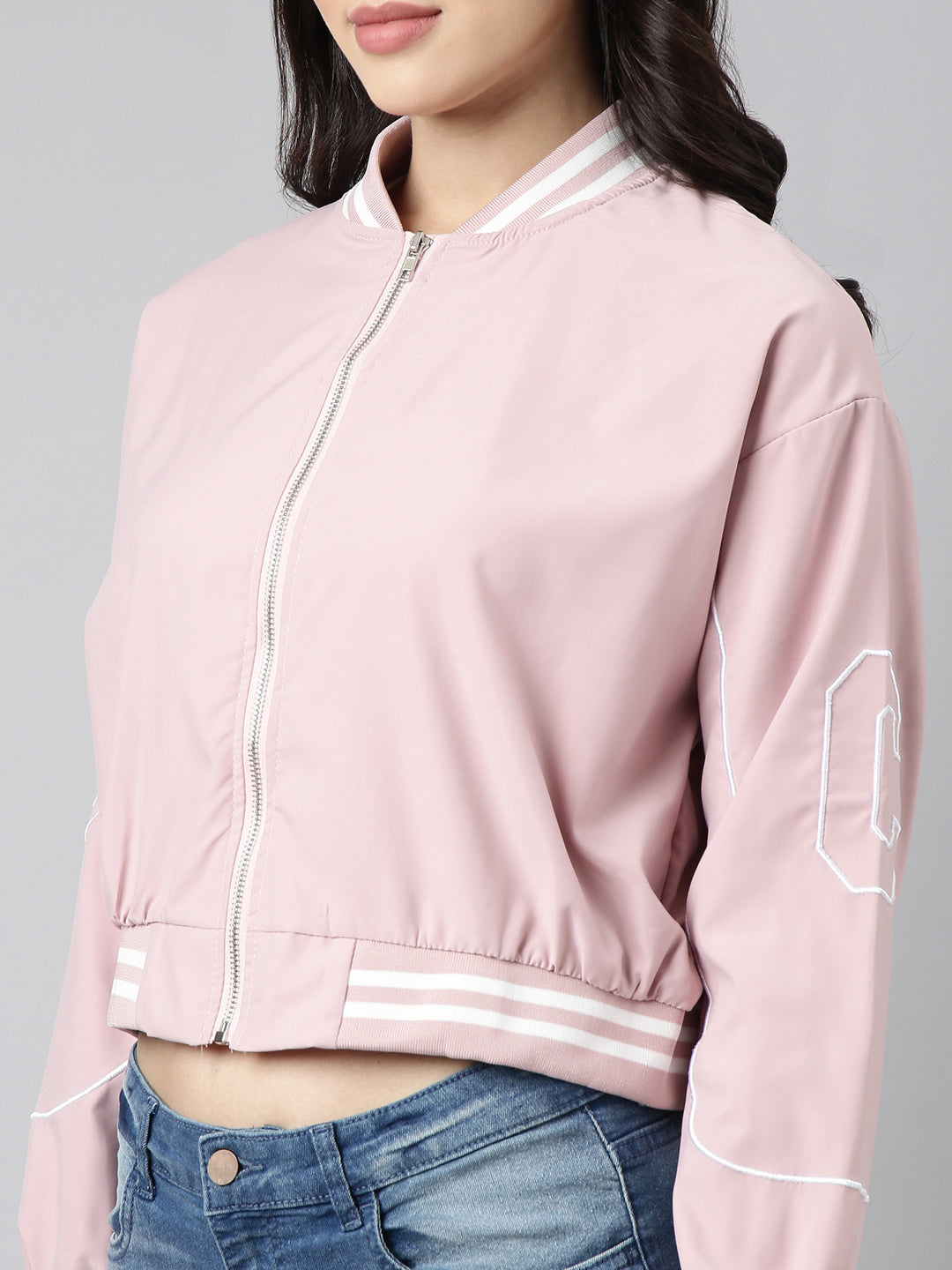 Women's Solid Peach Crop Drop Shoulder Bomber Jacket