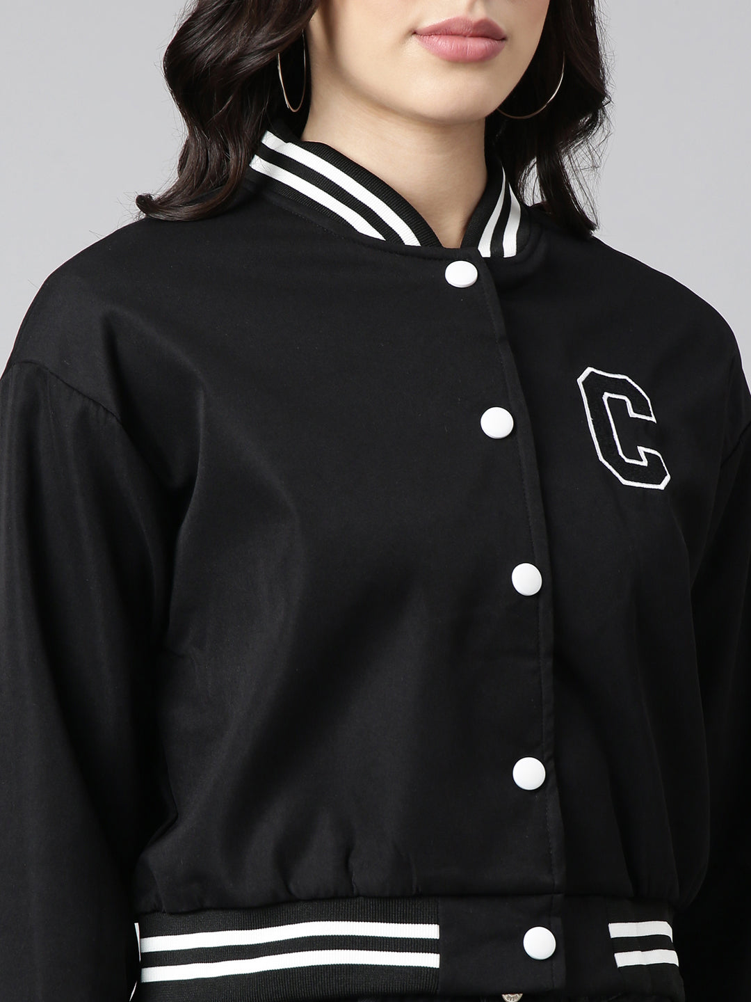 Women's Solid Black Crop Drop Shoulder Varsity Jacket