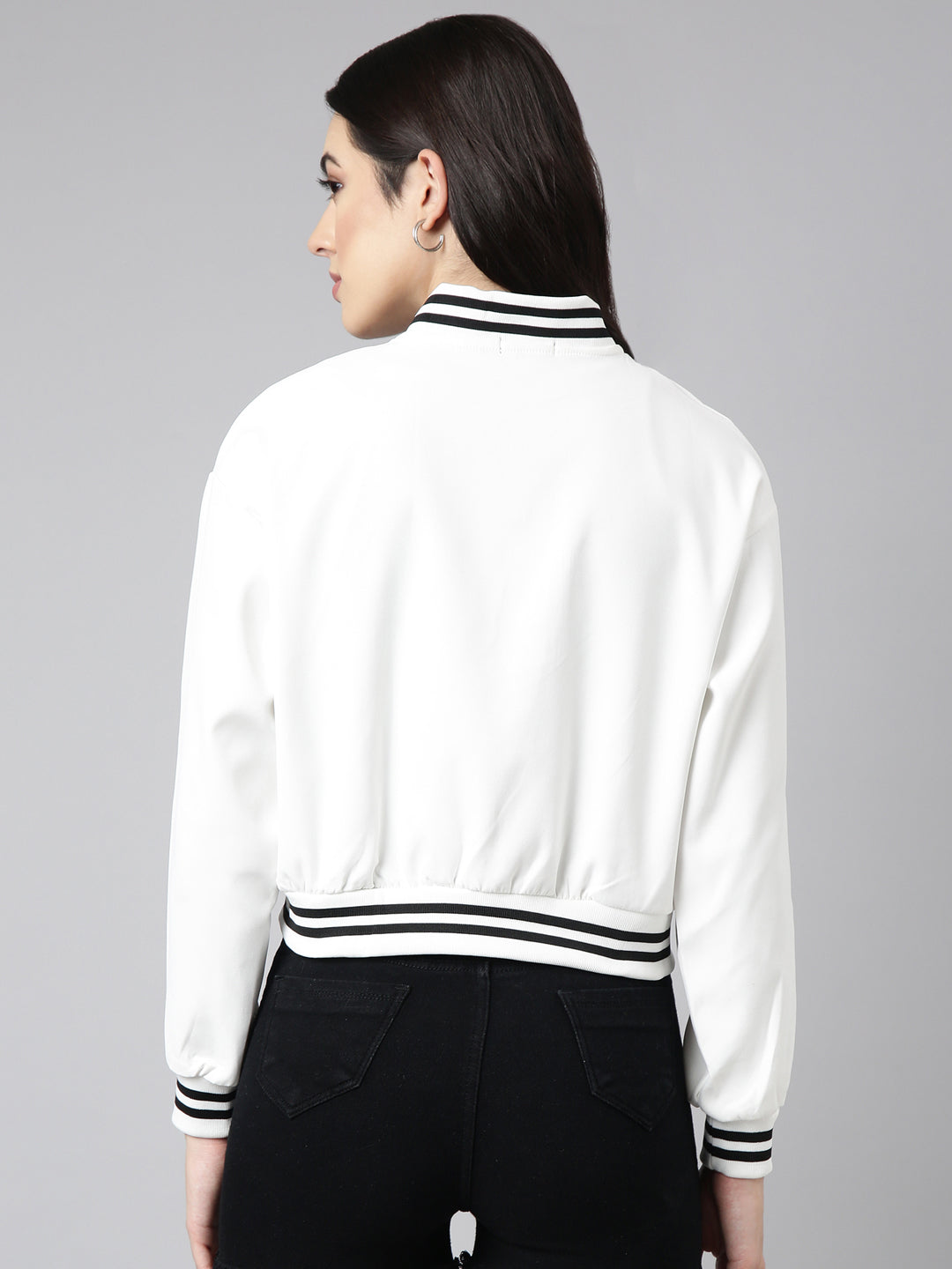 Women's Solid White Crop Drop Shoulder Varsity Jacket