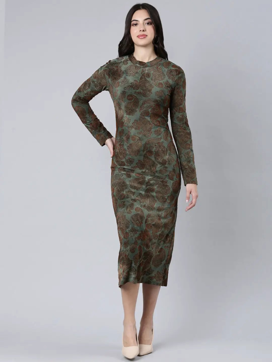 Women's Self Design Olive Bodycon Dress
