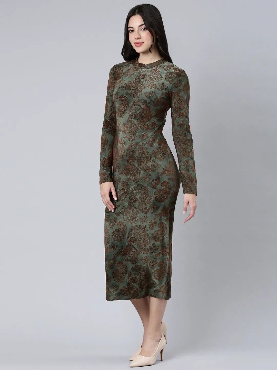 Women's Self Design Olive Bodycon Dress