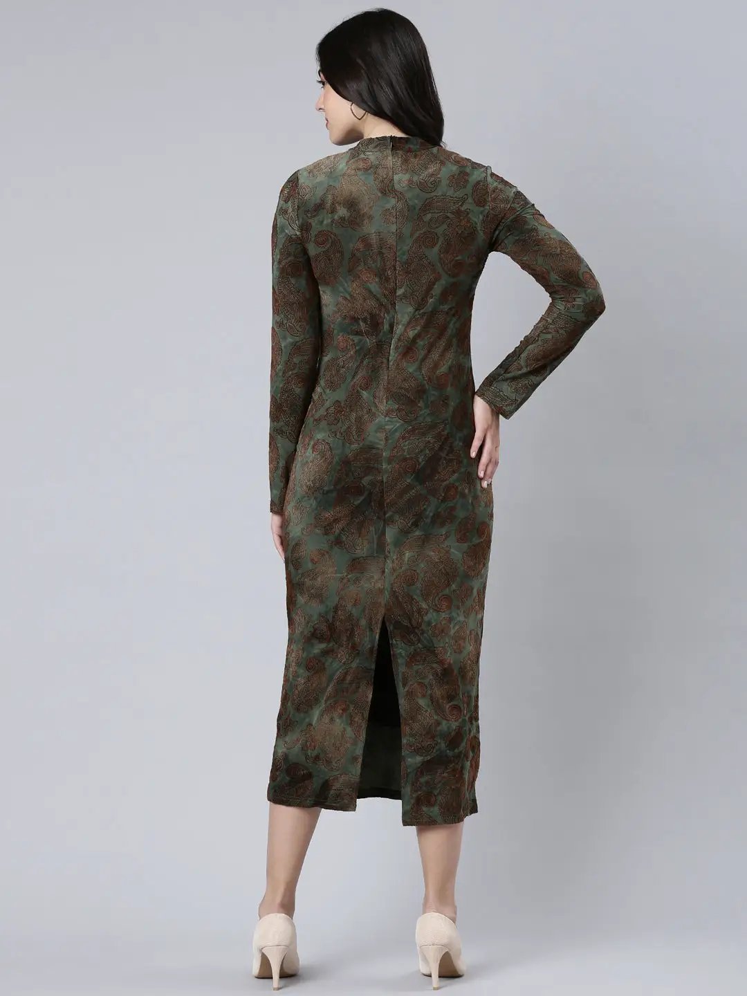 Women's Self Design Olive Bodycon Dress