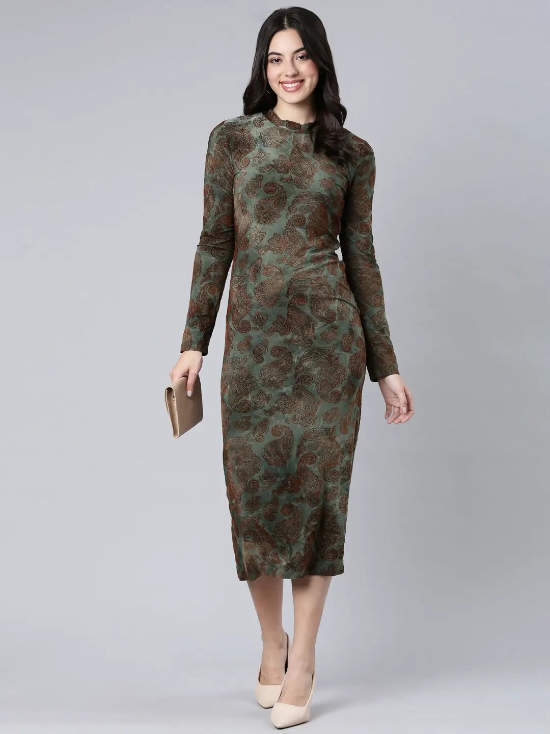 Women's Self Design Olive Bodycon Dress