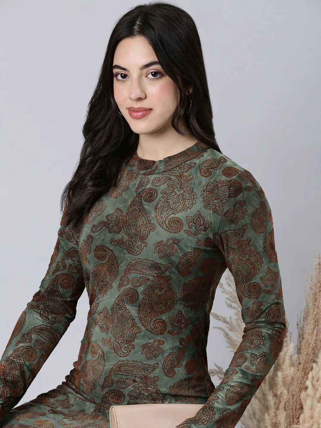 Women's Self Design Olive Bodycon Dress