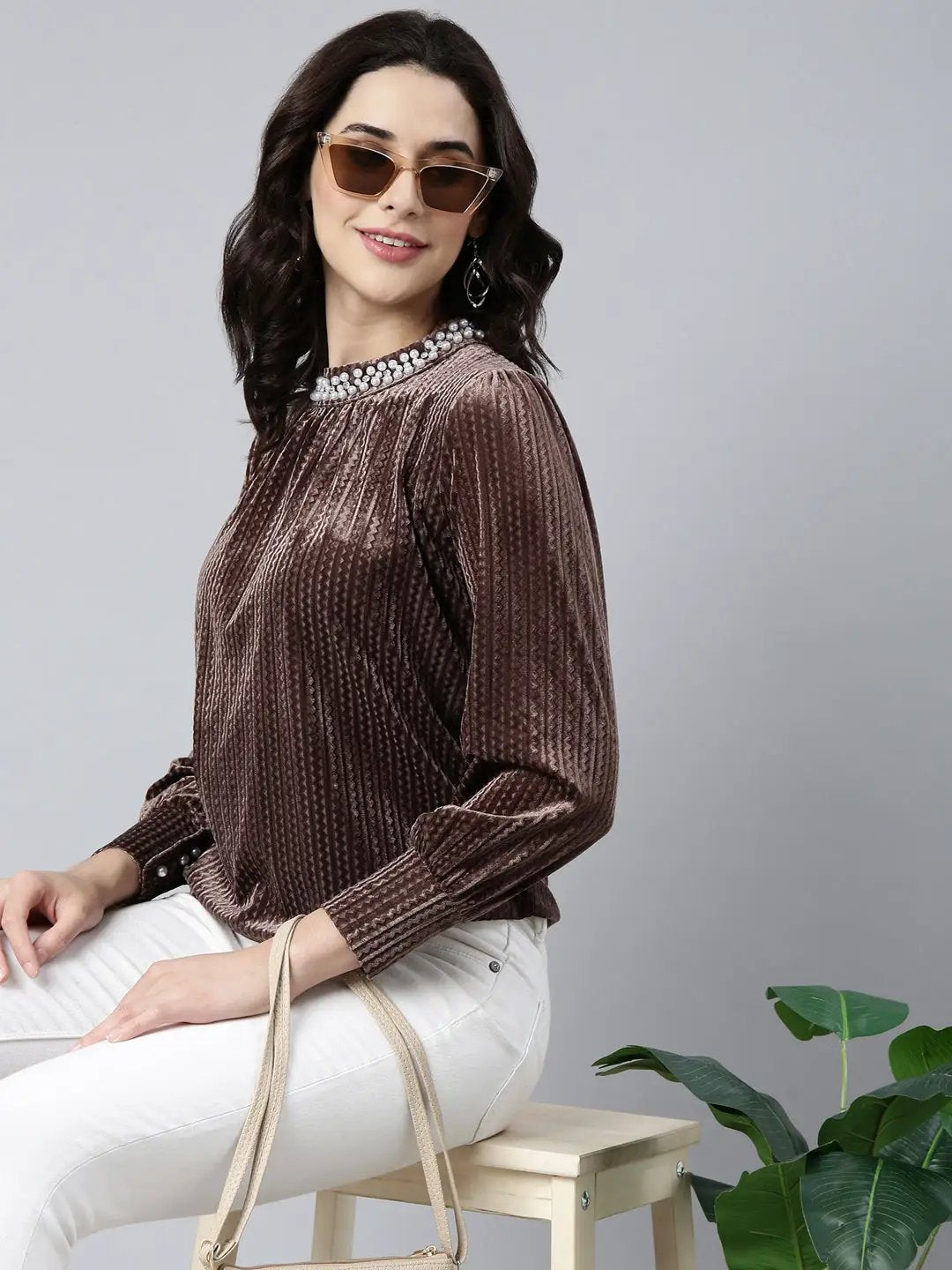 Women's Self Design Brown Top