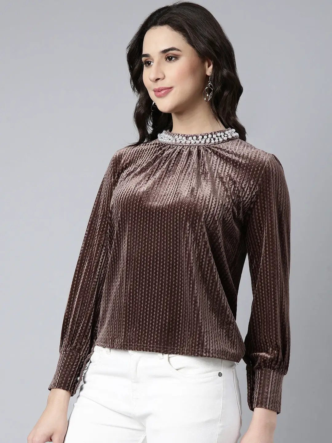 Women's Self Design Brown Top