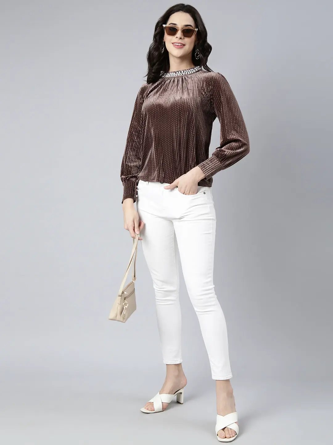 Women's Self Design Brown Top
