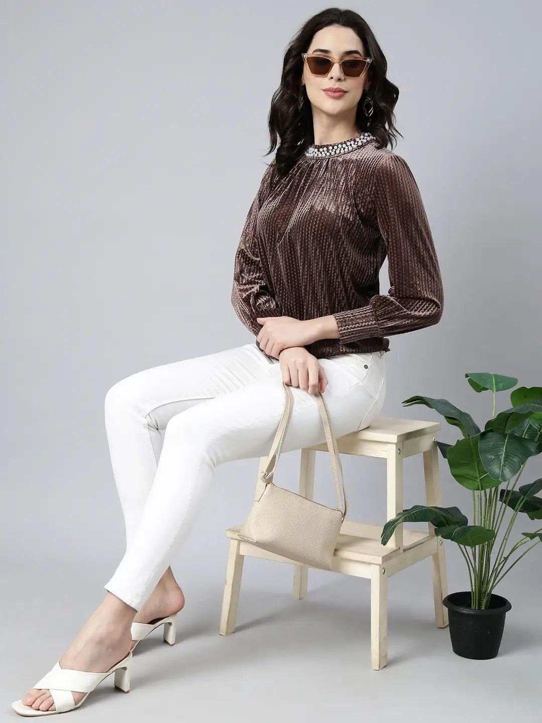 Women's Self Design Brown Top