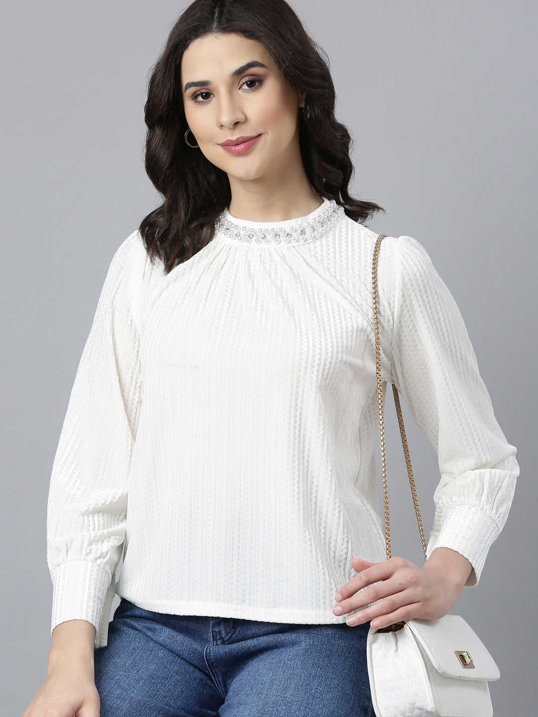 Women's Self Design Cream Top