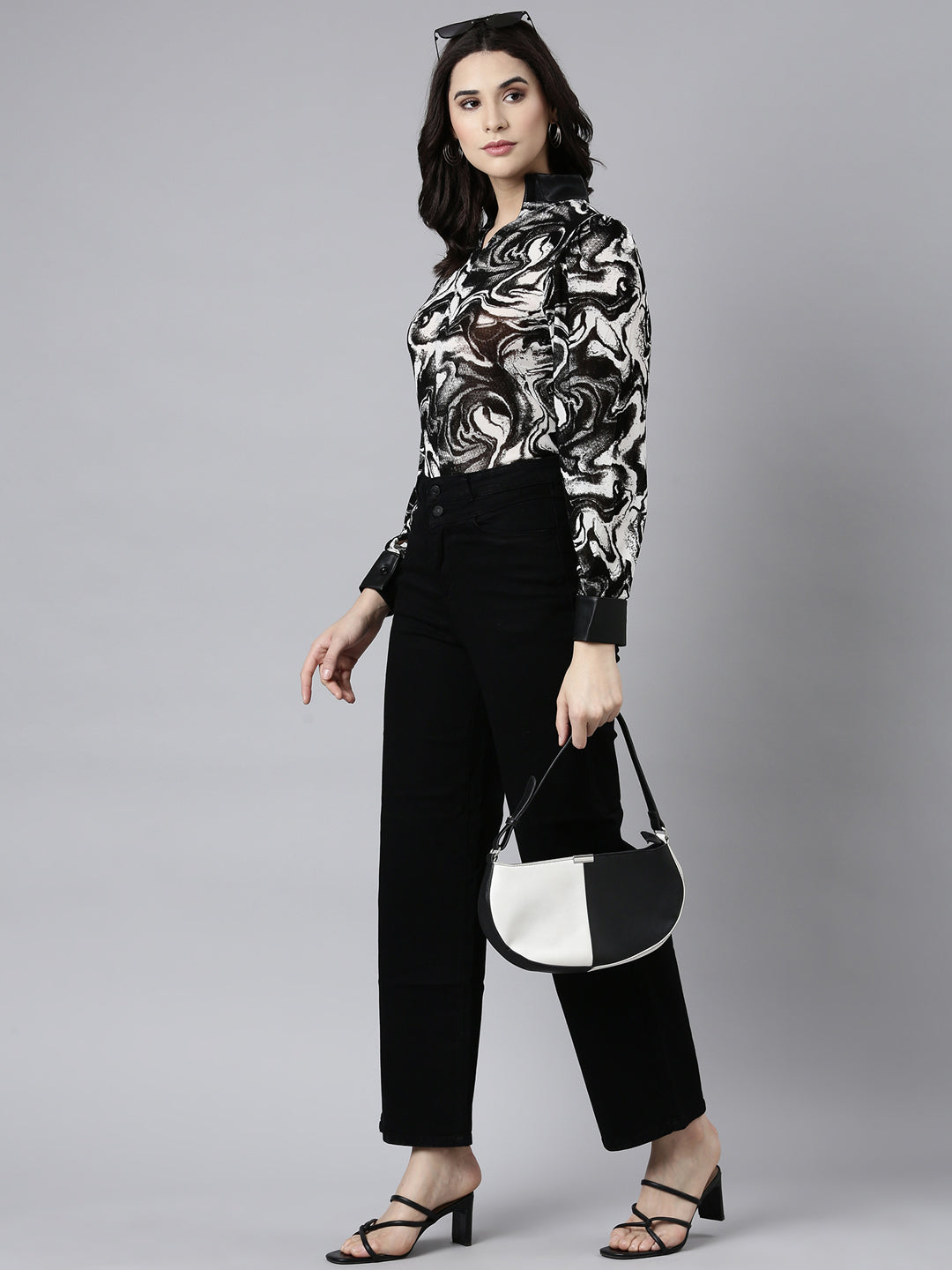 Women's Abstract Black Semi Sheer Top