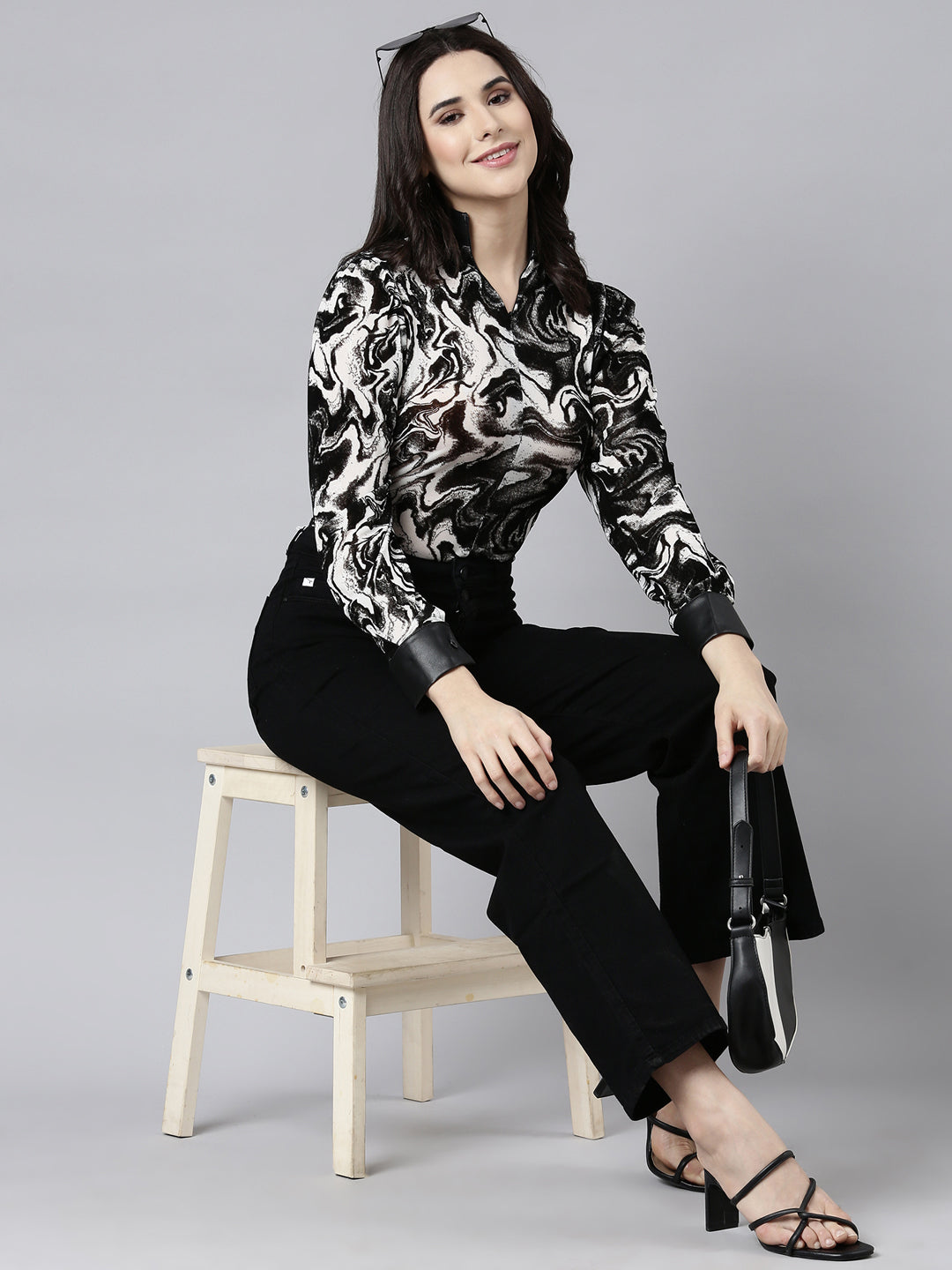 Women's Abstract Black Semi Sheer Top