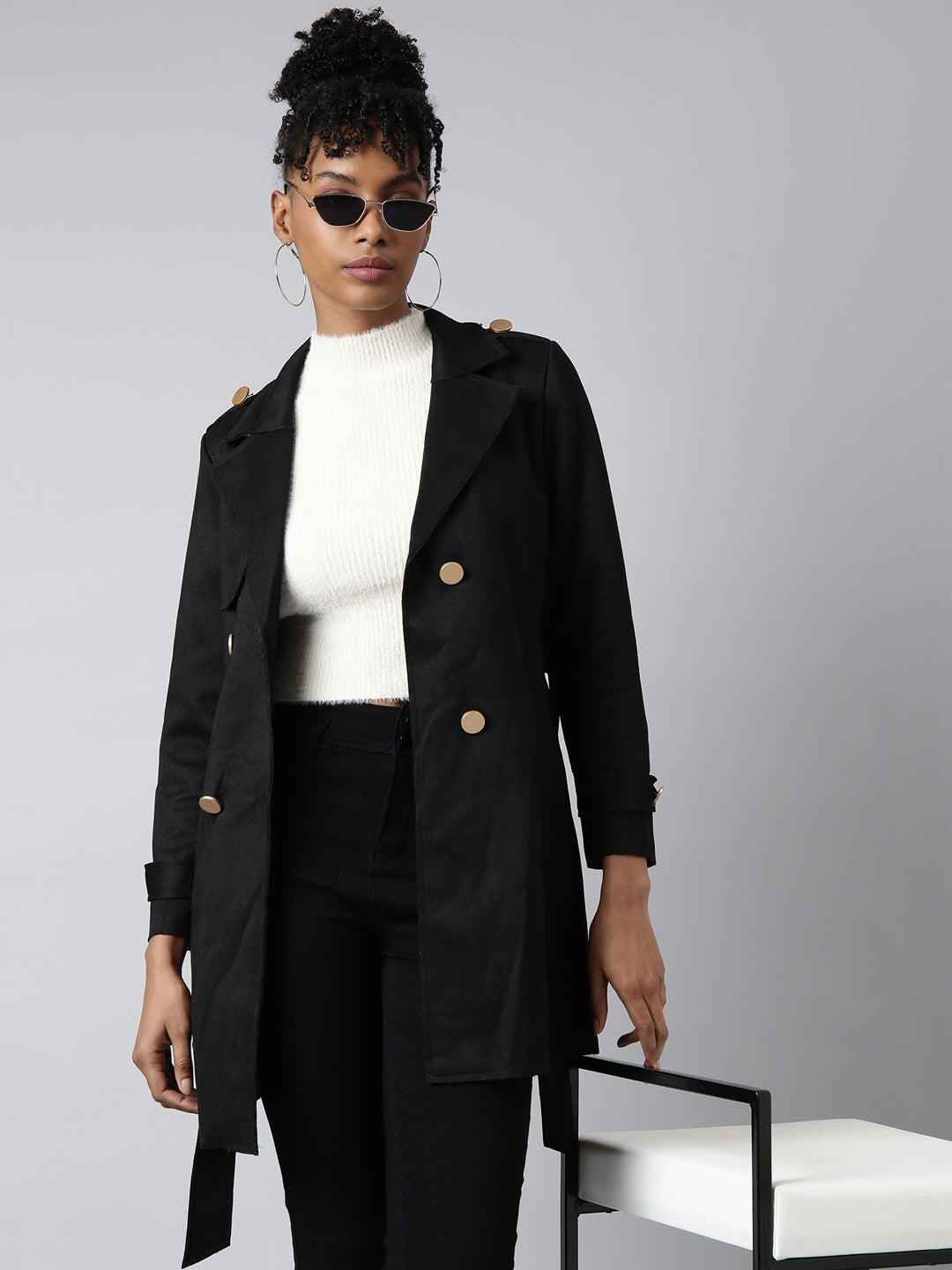 Women Solid Longline Black Trench Coat