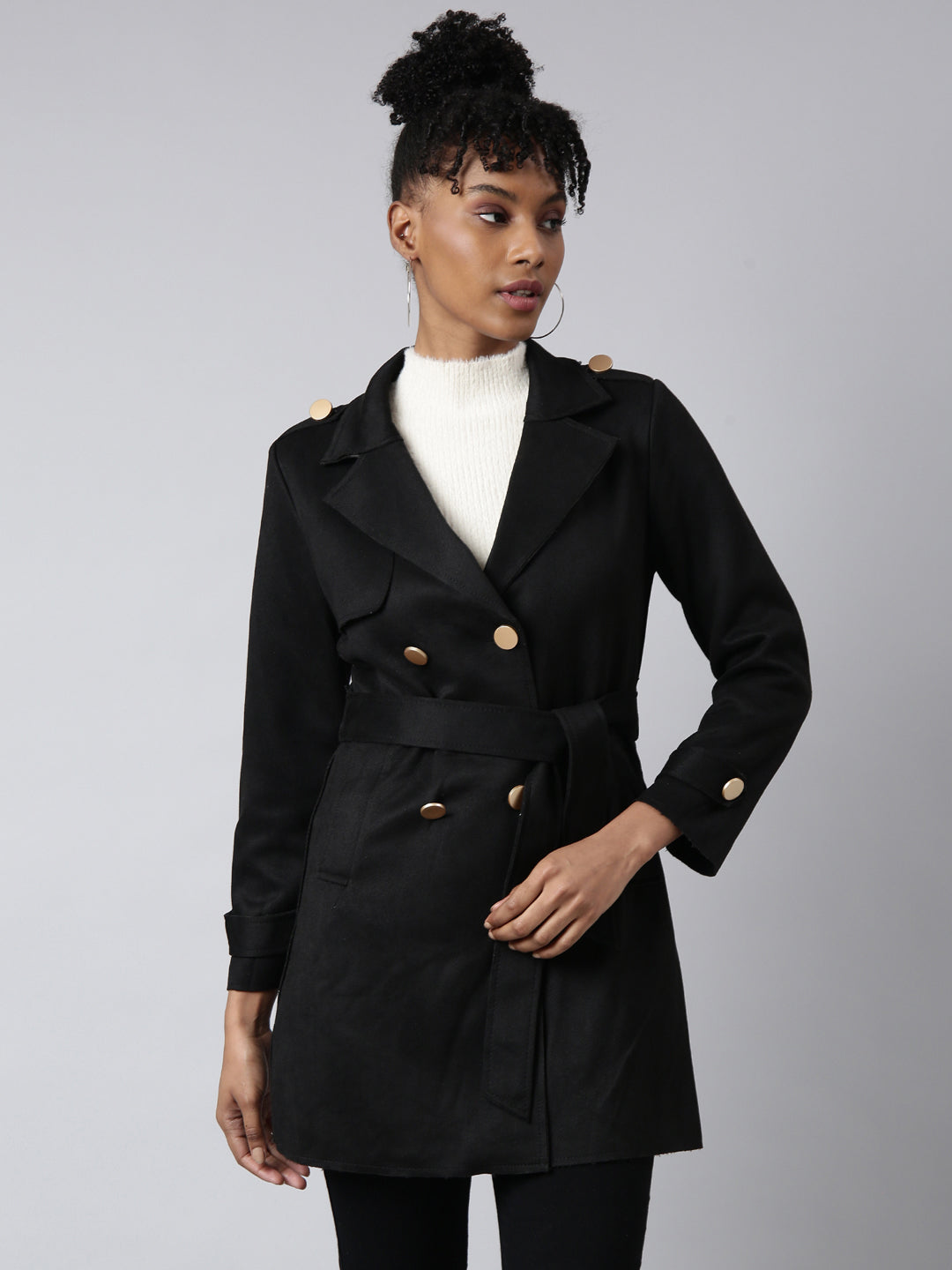 Women Solid Longline Black Trench Coat