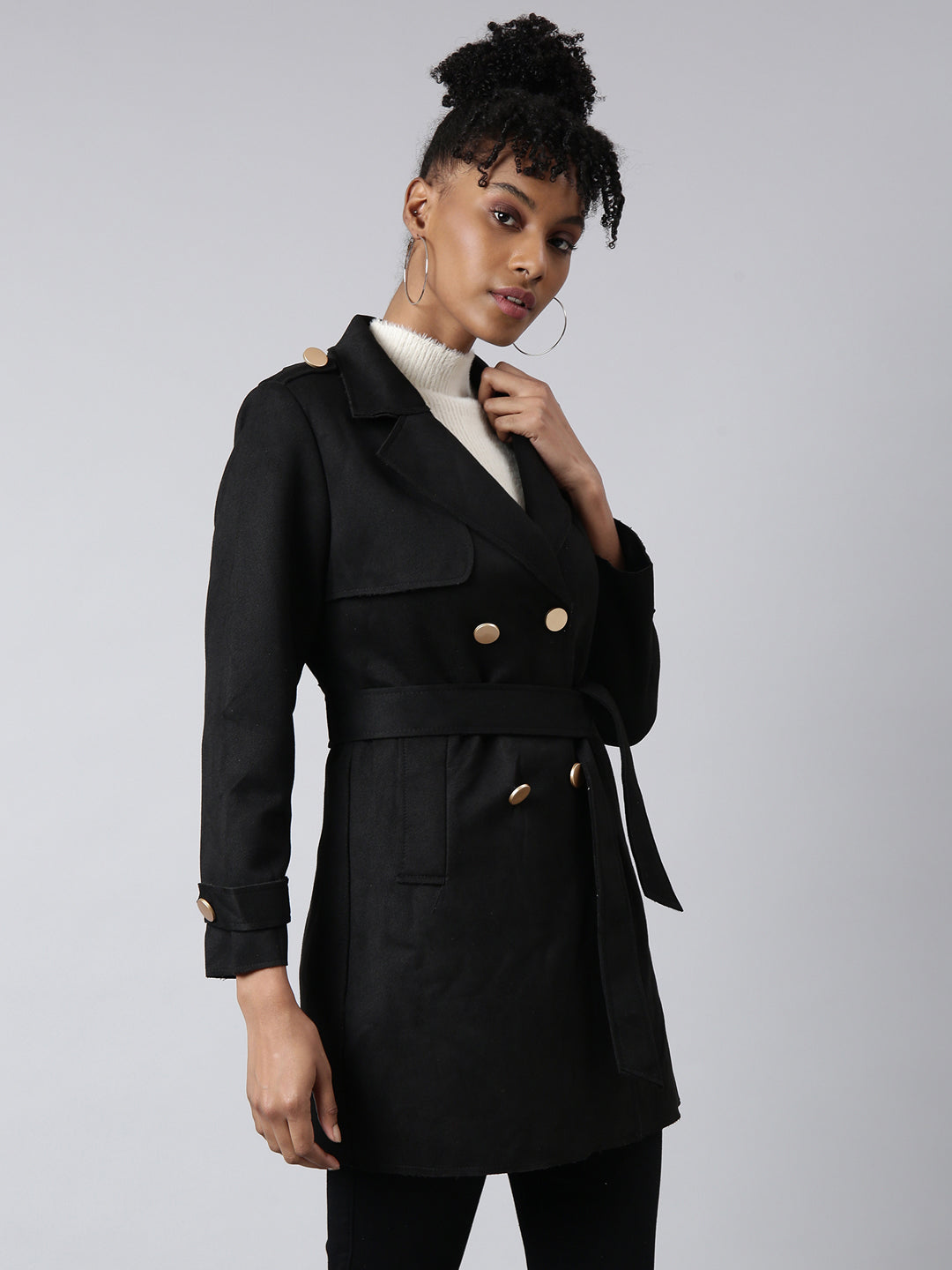 Women Solid Longline Black Trench Coat